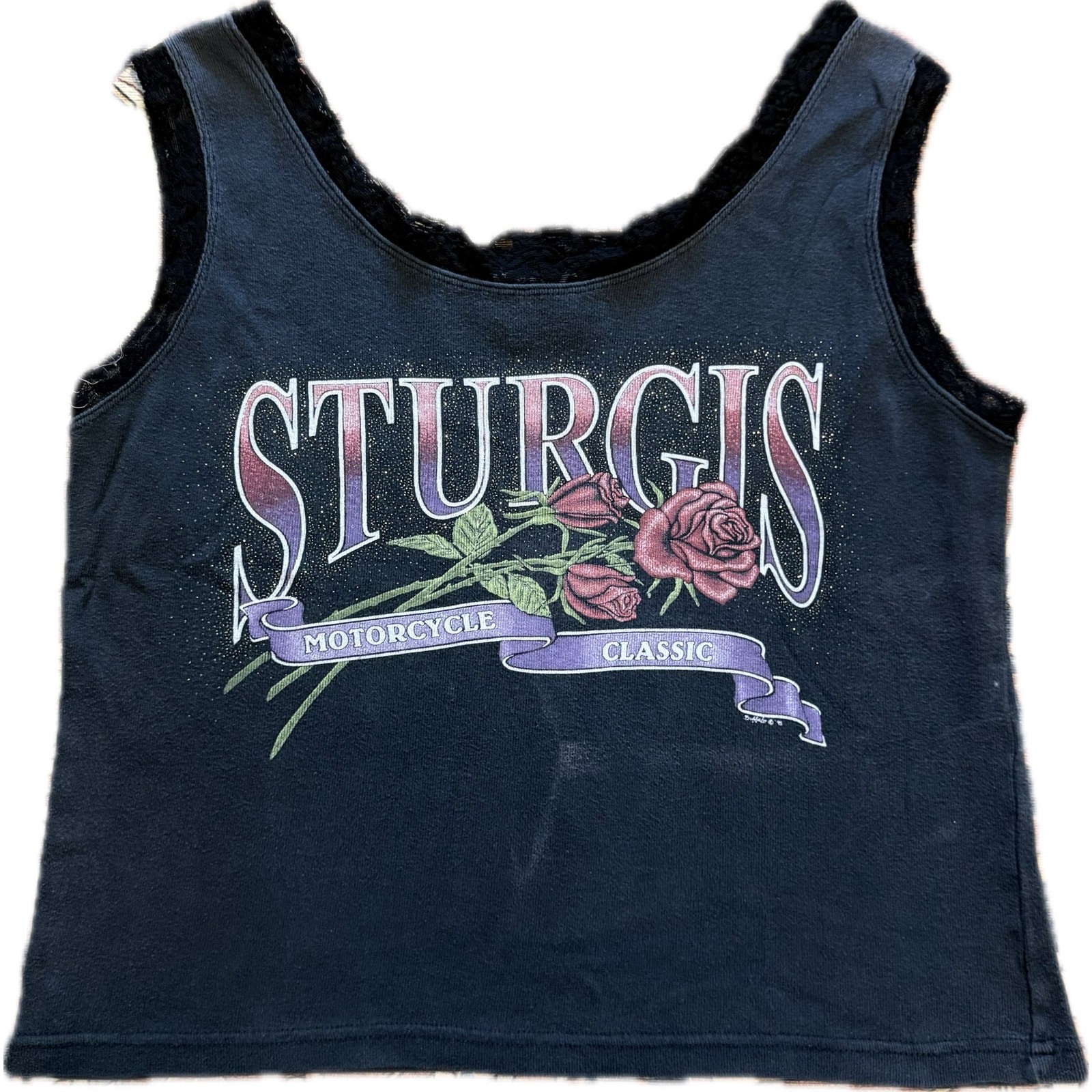 Vintage 1995 Buffalo Sturgis Roses Motorcycle Cropped Tank Top Lace Trim Size M