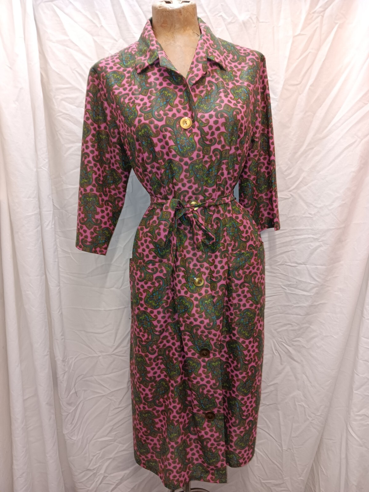 60s Pink Dark Green Blue Paisley Jersey Nylon Button Front Dress by Solida M/L