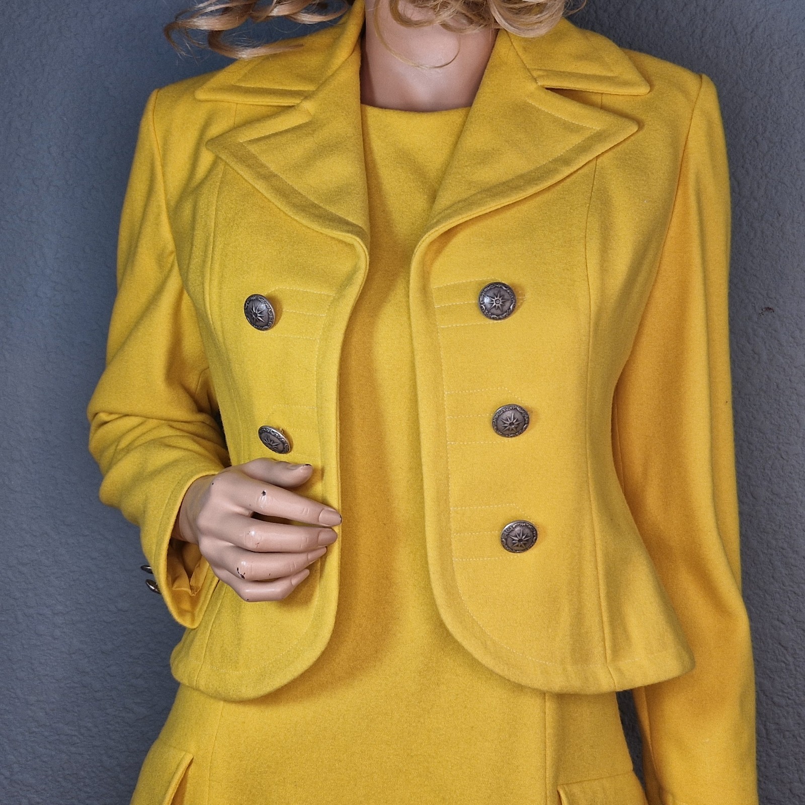 60’s Designer Mod Go Go Lemon Yellow Wool Suit Dress Mini Dress & Jacket RARE SM