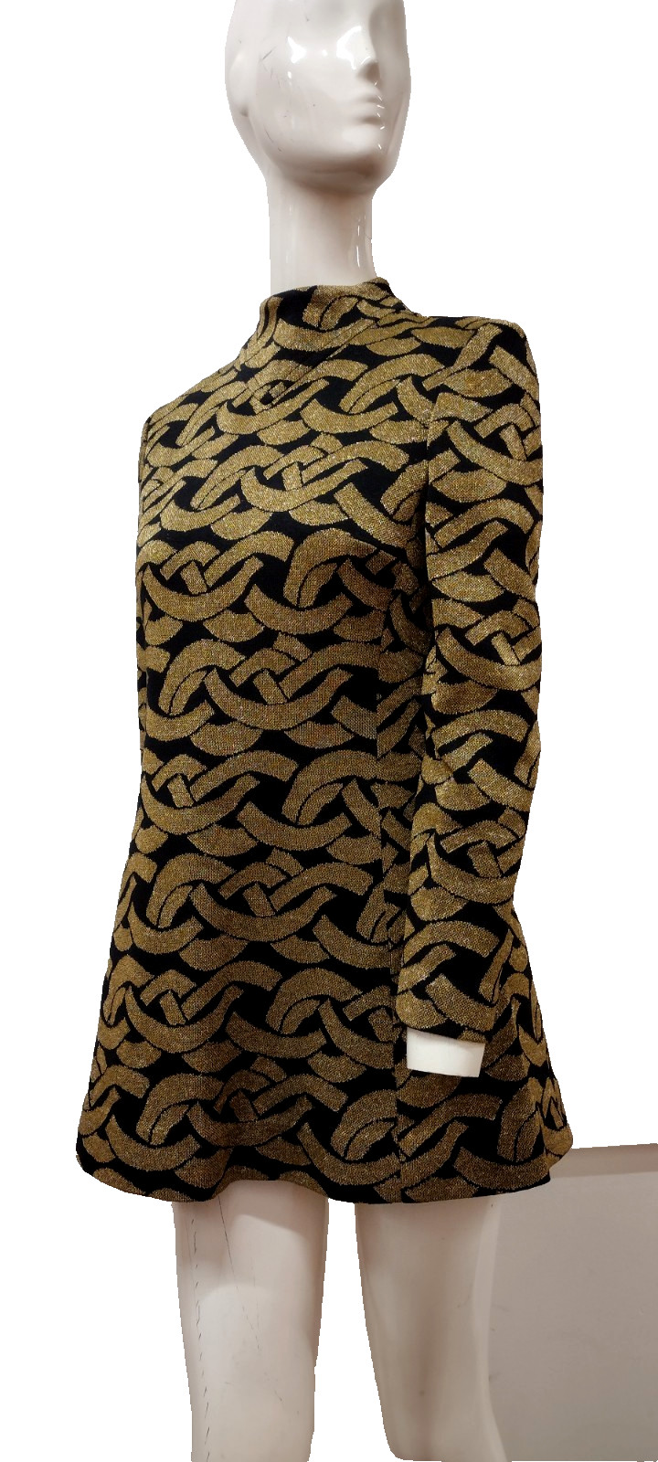Vintage 60s Mod Mini Dress Gold Metallic Virgin Wool KIMBERLY M MOCK LONG SLEEVE
