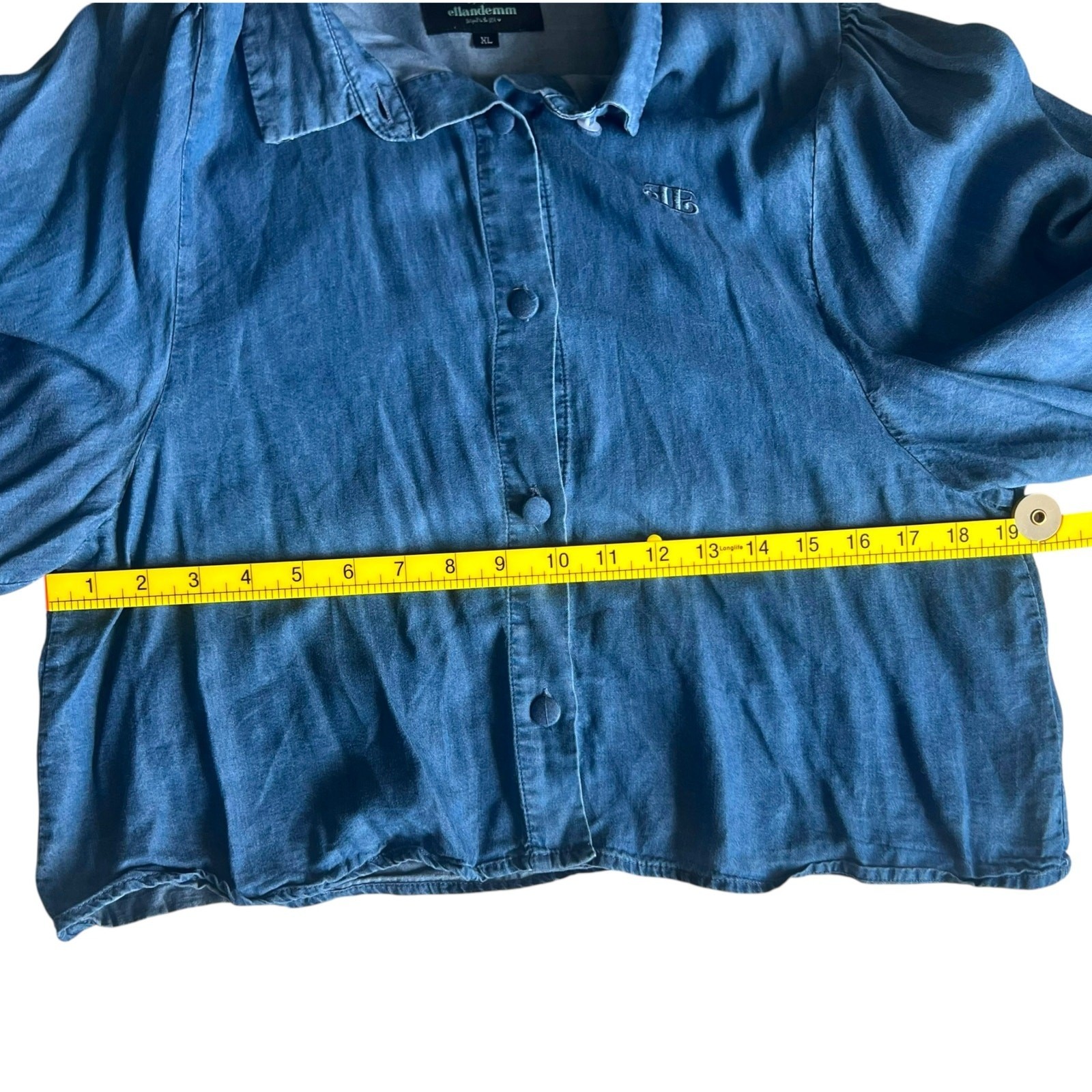 Ellandemm Tencel Denim Two Piece Set Blue Puff Sleeve Crop Top Shorts XL 2XL