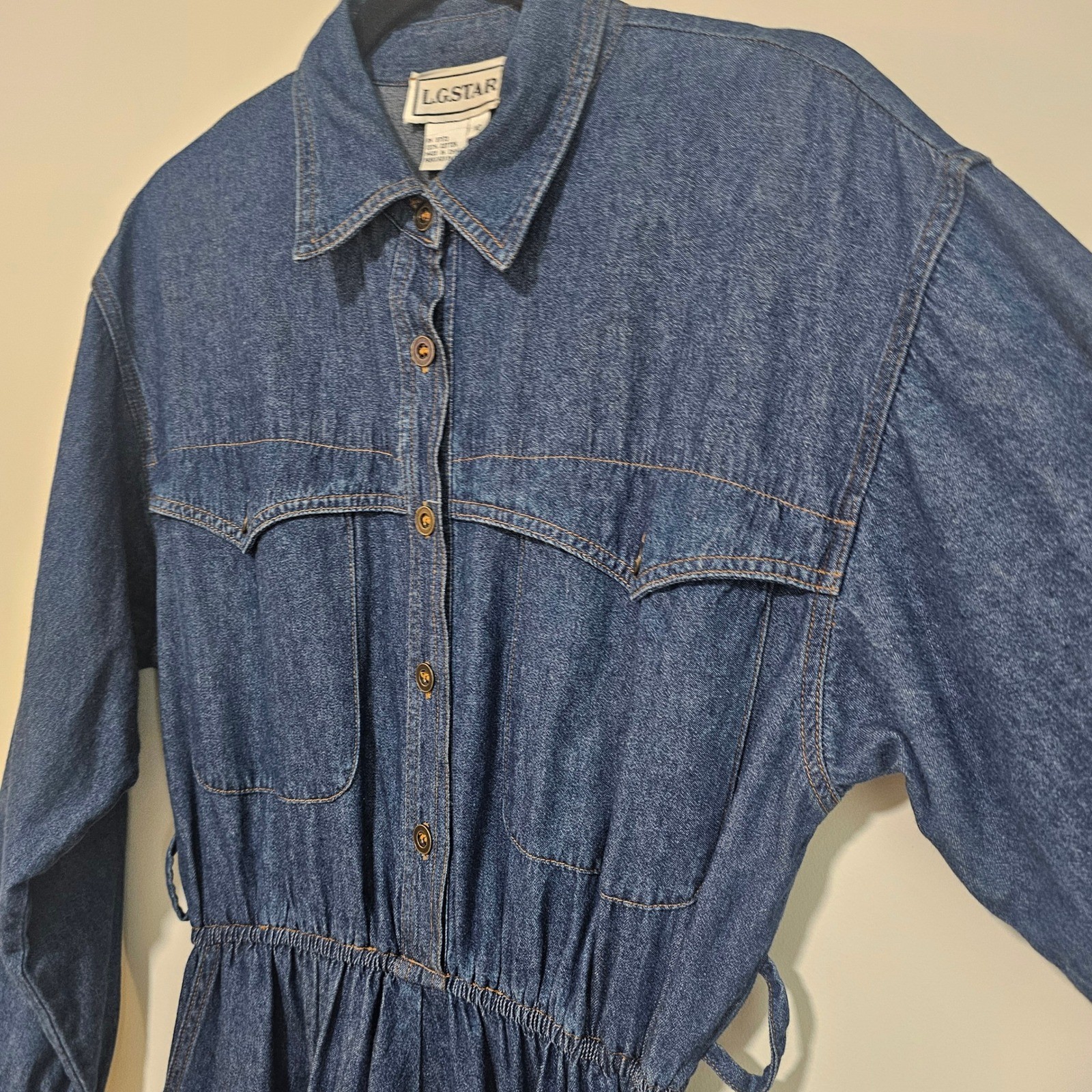 VTG 10 Western Denim Maxi Dress Blue Cotton Long Sleeve 90s Boho Cowgirl Cottage