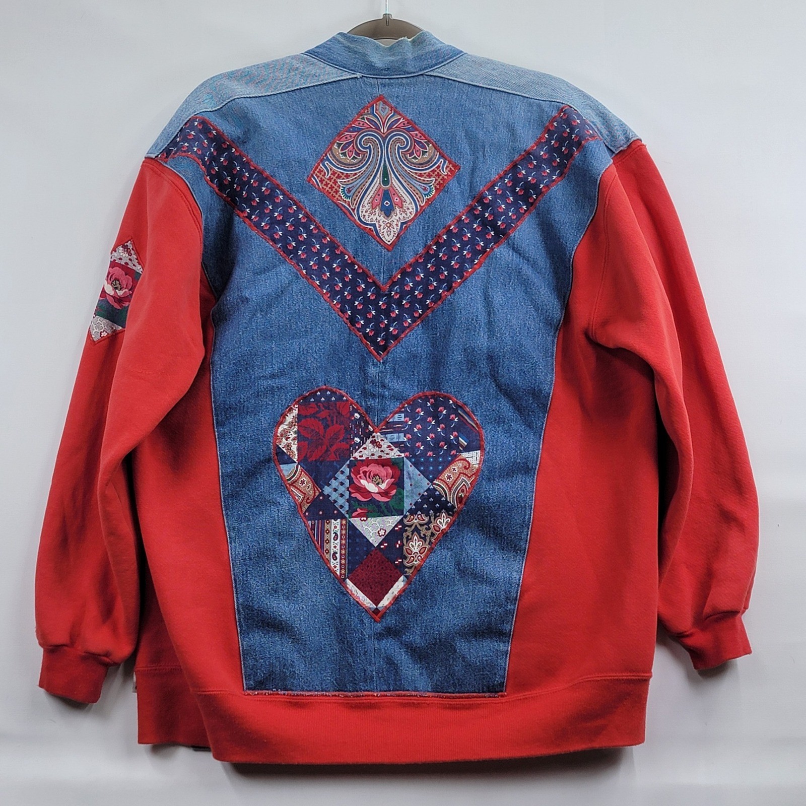 Vintage Reworked Denim Patchwork Jacket Red Sweatshirt Womens XL Pre-owned