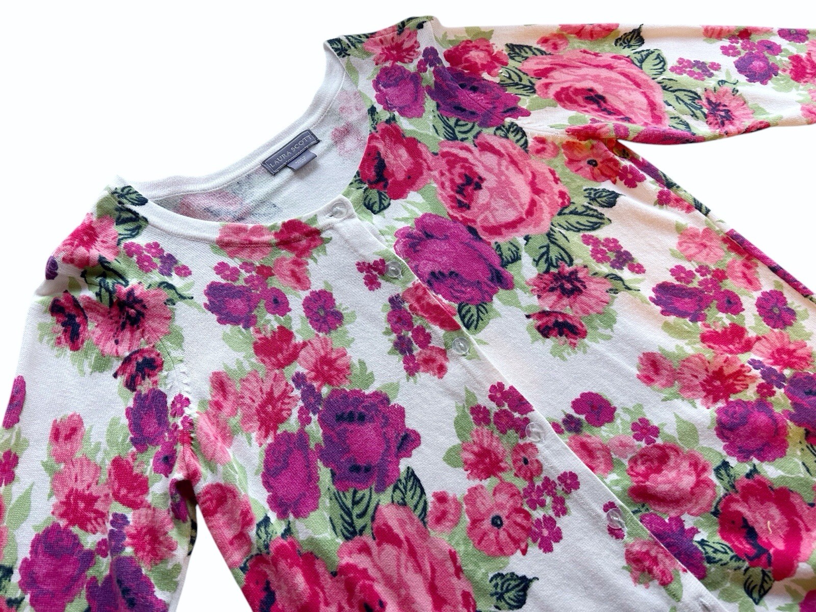 Vintage Laura Scott Floral Pink & Aqua Roses Cardigan Sweater Cottagecore Shabby