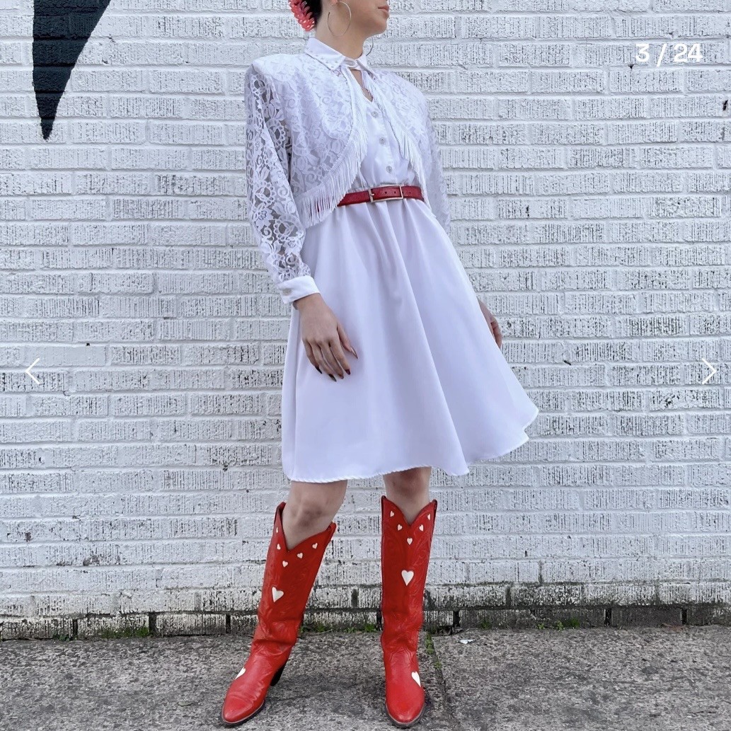 VTG 1980s White Lace & Fringe Western Dress, Authentic Ranchwear, Cowgirl, Rodeo
