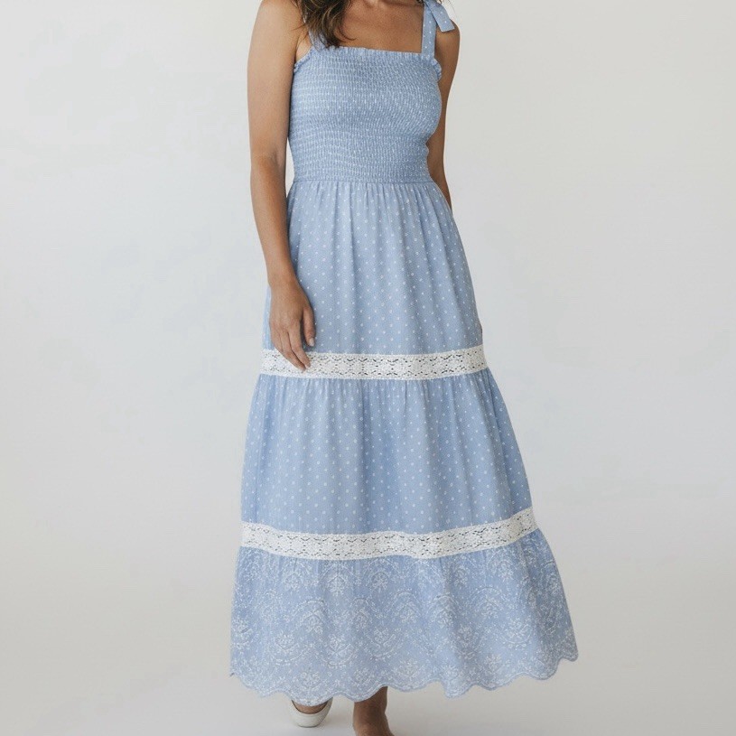 Blue White Floral Midi Dress Womens Size 2 Cottagecore Summer Shabby Chic