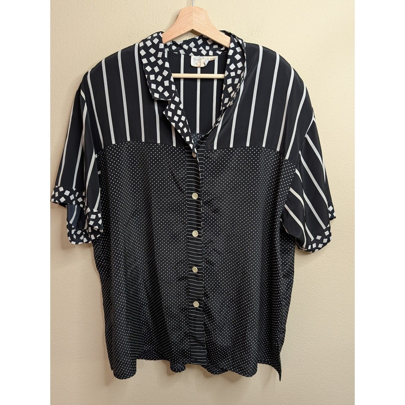 TanJay 20W Vintage Mixed Pattern Blouse Black White Stripe Polka Dot Geometric