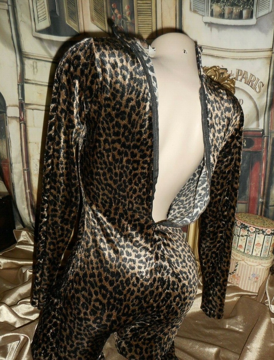 Velveteen Leopard Cheetah Bodysuit Long Sleeve Long Leg Mock Turtle Black Gold