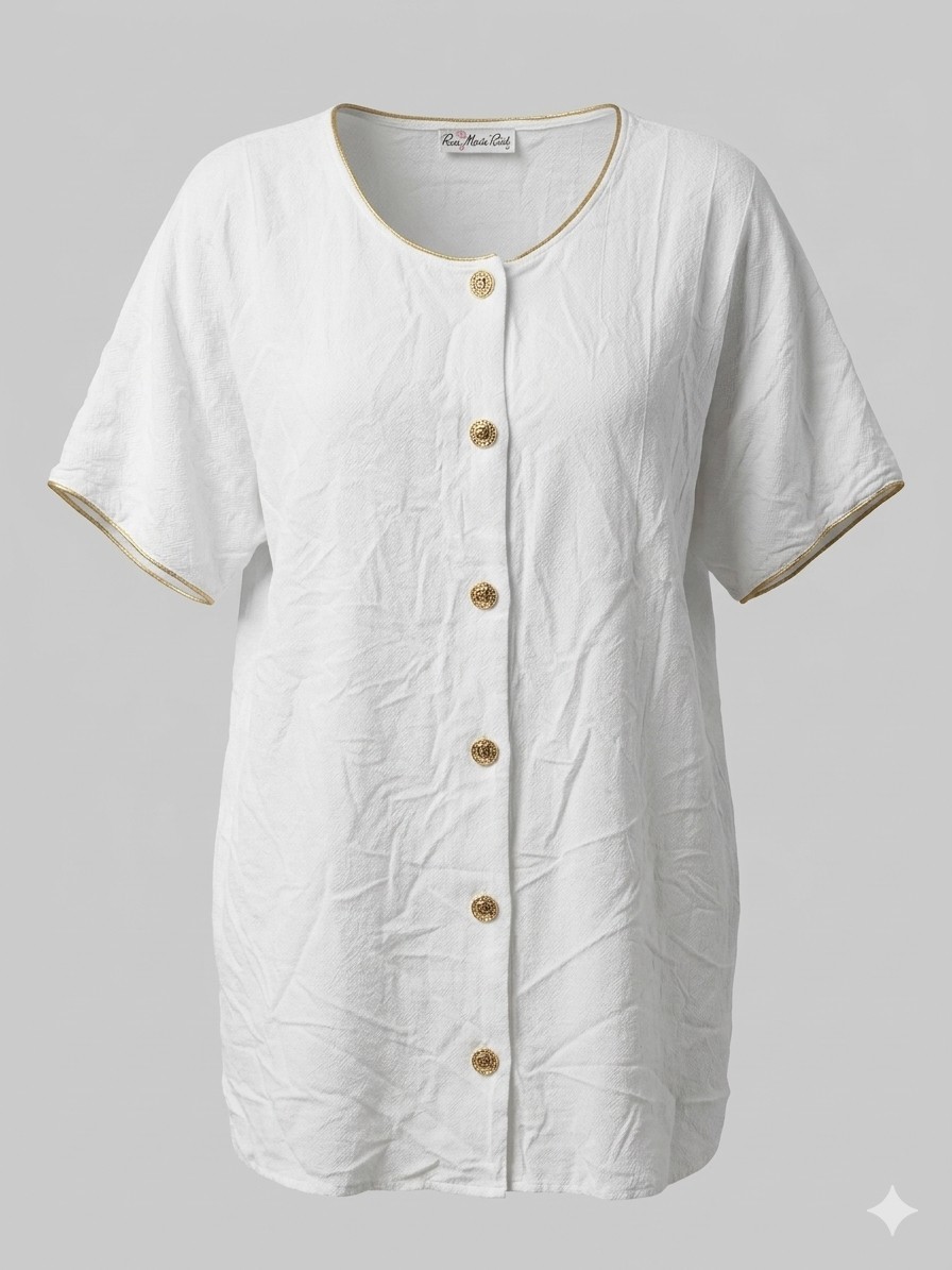 Vintage Rose Marie Reid White Short-Sleeve Swim Coverup with Gold Trim Buttons