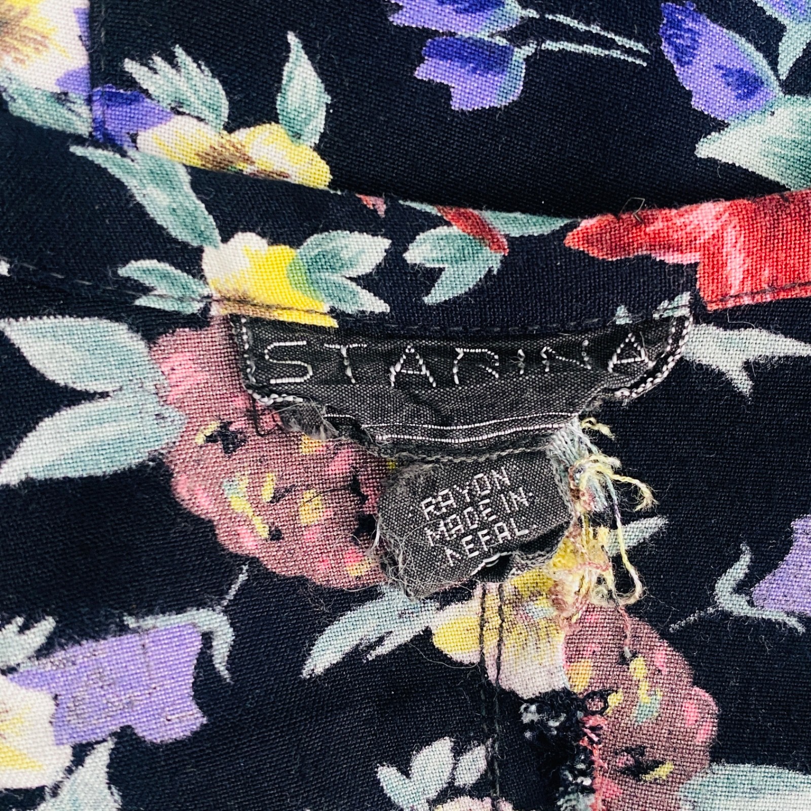 Vintage 1990s black floral mini dress S rayon long sleeve shoulder pads colorful