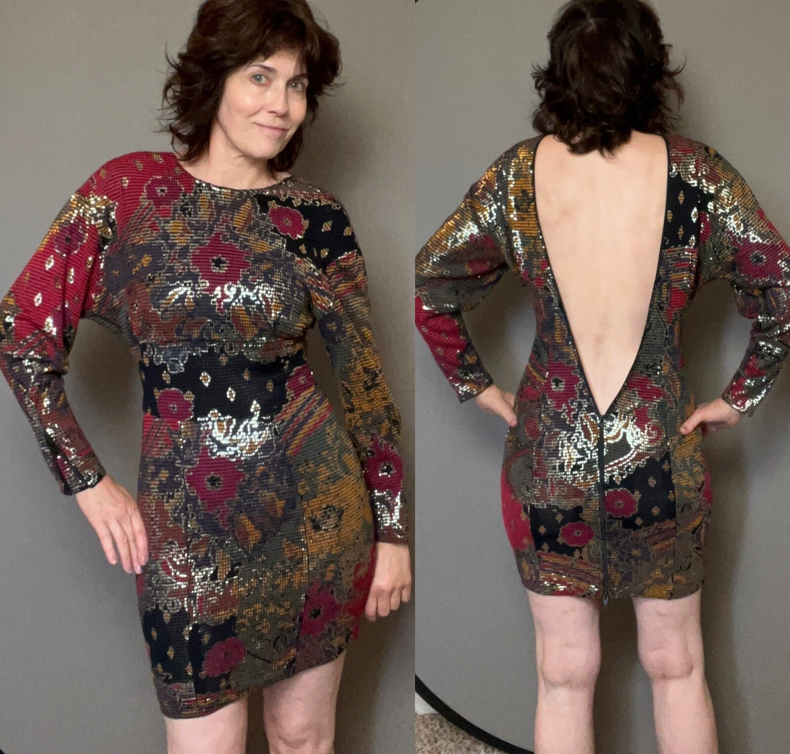 Vintage JANINE Metallic floral mini Dress back zipper Sz S Italy black red