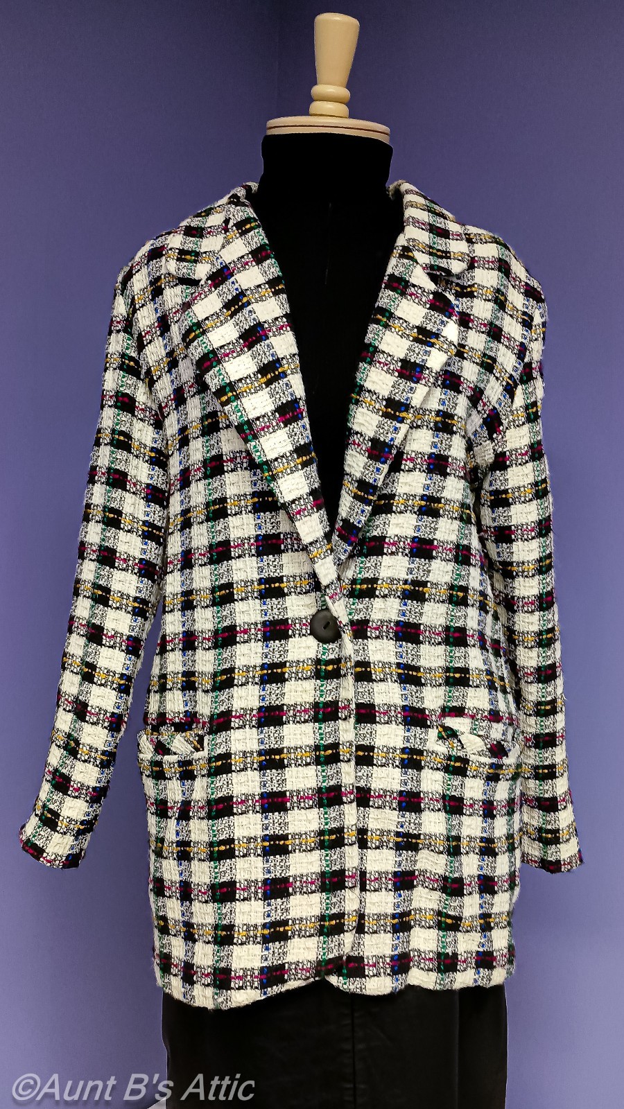 Vintage 80s Ladies Acrylic Wool Multi Color Boucle Checkered Blazer By Scoop MD
