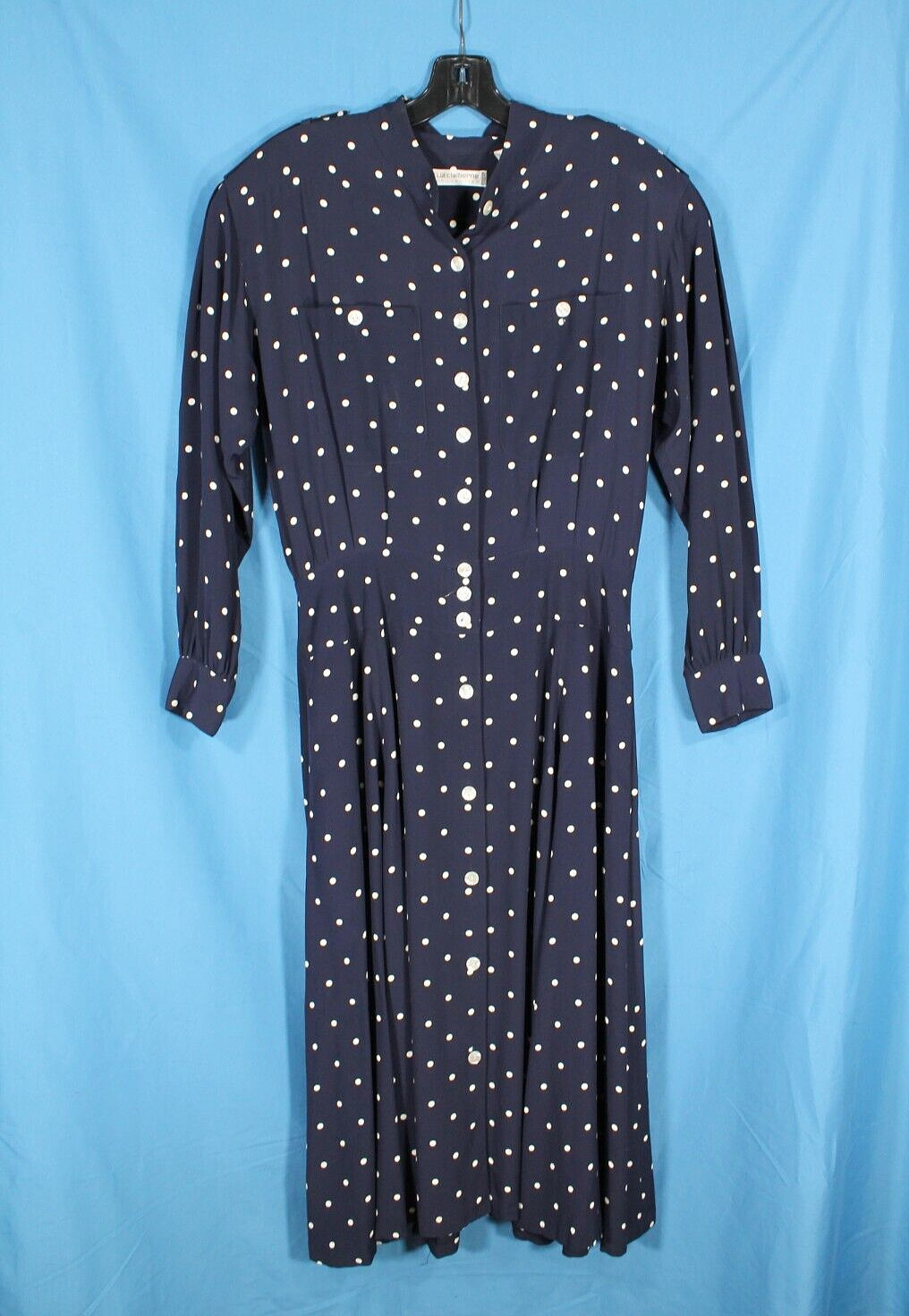 VTG LIZ CLAIBORNE PETITE Crepe NAVY/POLKA DOT Pleated BUTTON-UP SHIRT DRESS 12P