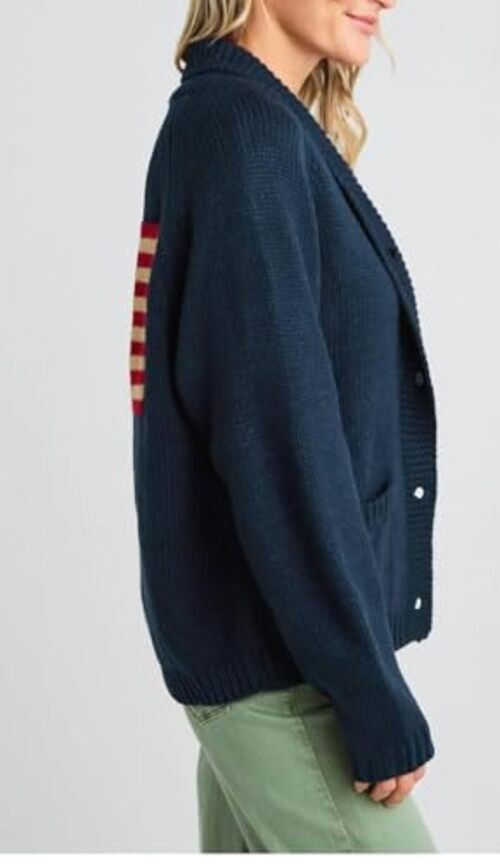 Fourth of July American Flag Knit Sweater Cardigan for Women Medium Navy Blue