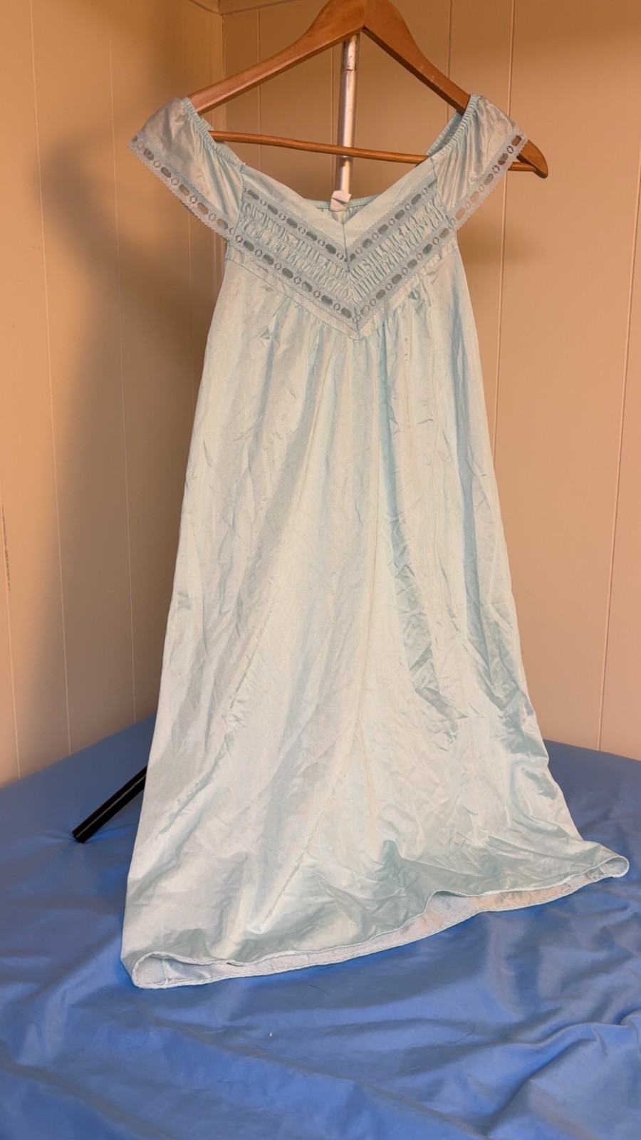 Vintage 100% Nylon Nightgown Blue Lace Trim Off Shoulder Cottagecore Slip Dress