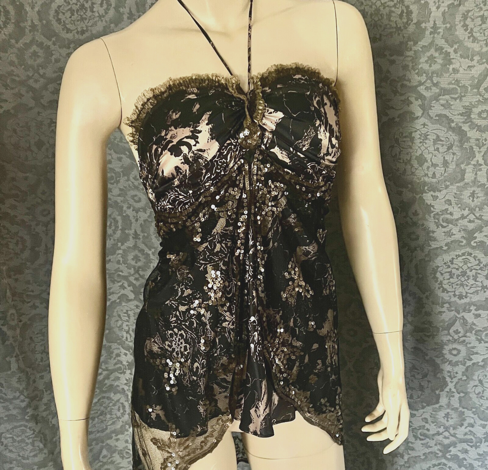 Altered Couture Black & Gold Silk Camisole, 1900-1920s Sequined Tulle, Petite XS