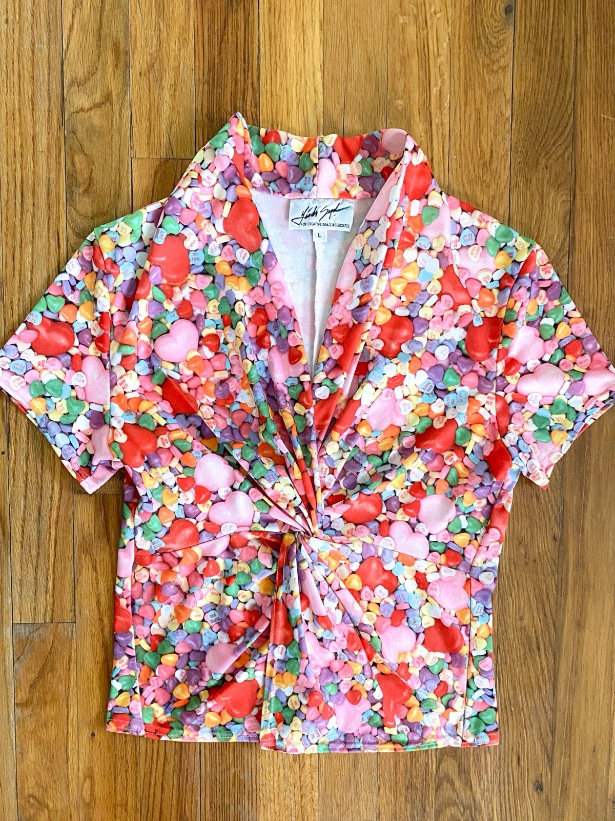 Retro 90s Candy Heart Shirt Women’s L Valentine’s Day Blouse Y2K Vintage Top
