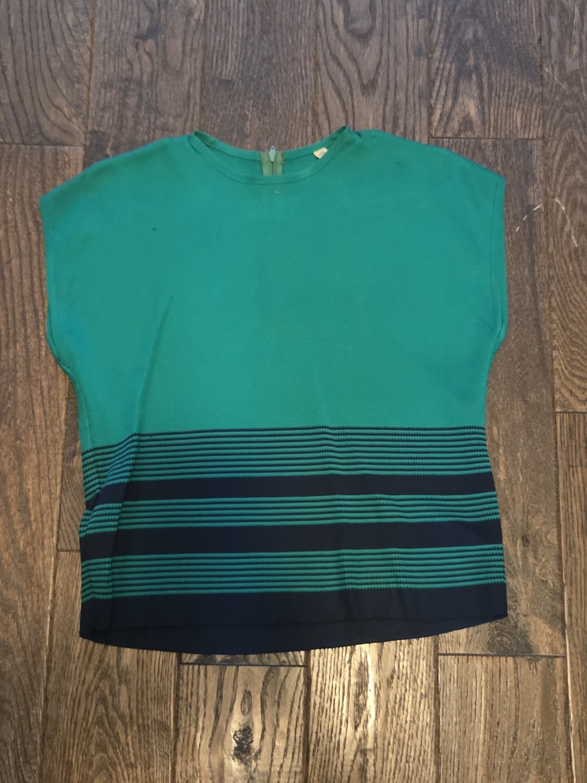 💚Vintage Green Knit Shell Top Navy Striped Hem Mod 60s 70s Size 16 Retro💚