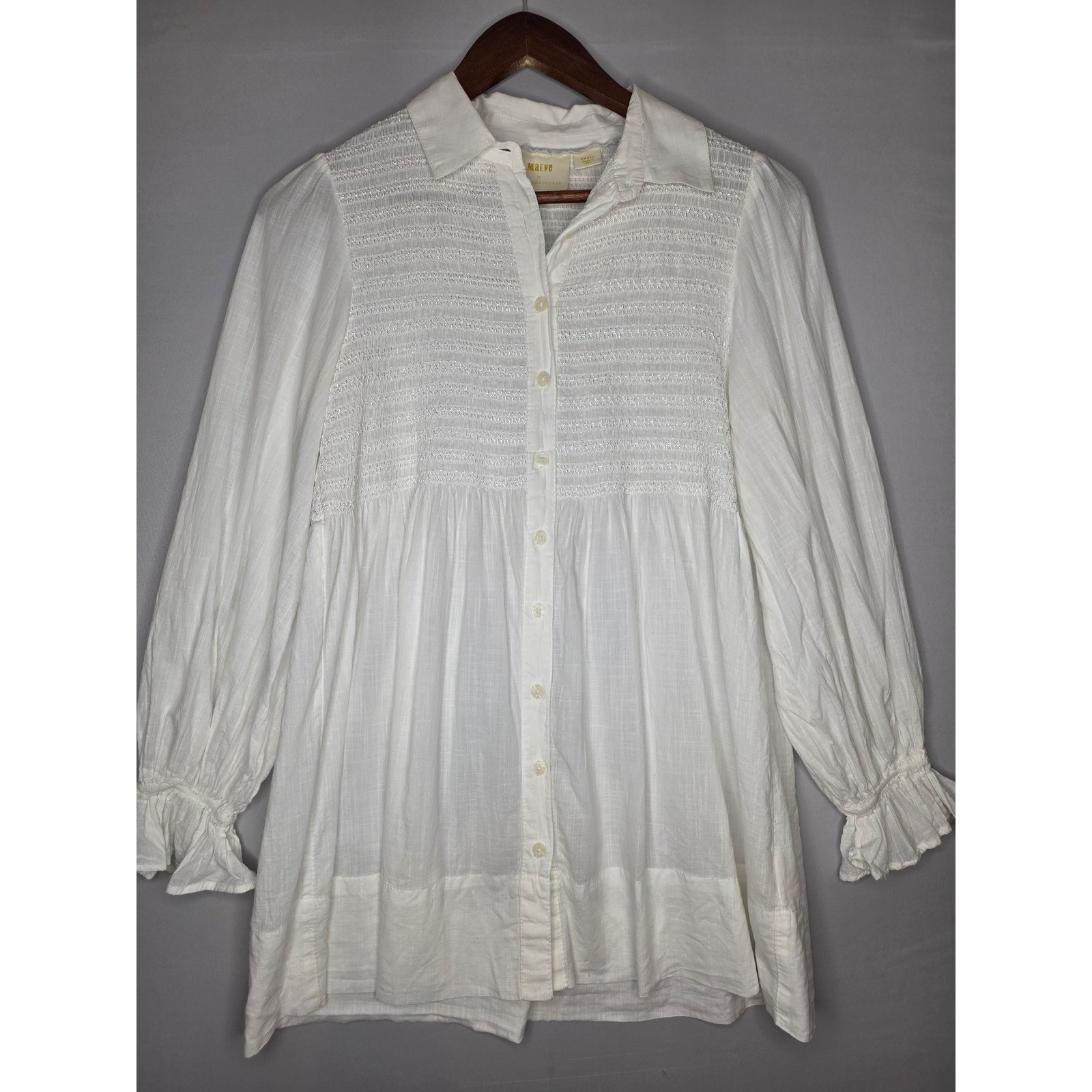 Anthropologie Maeve Vicki Smoked Tunic White Ruffle Sleeve Size Small Button up