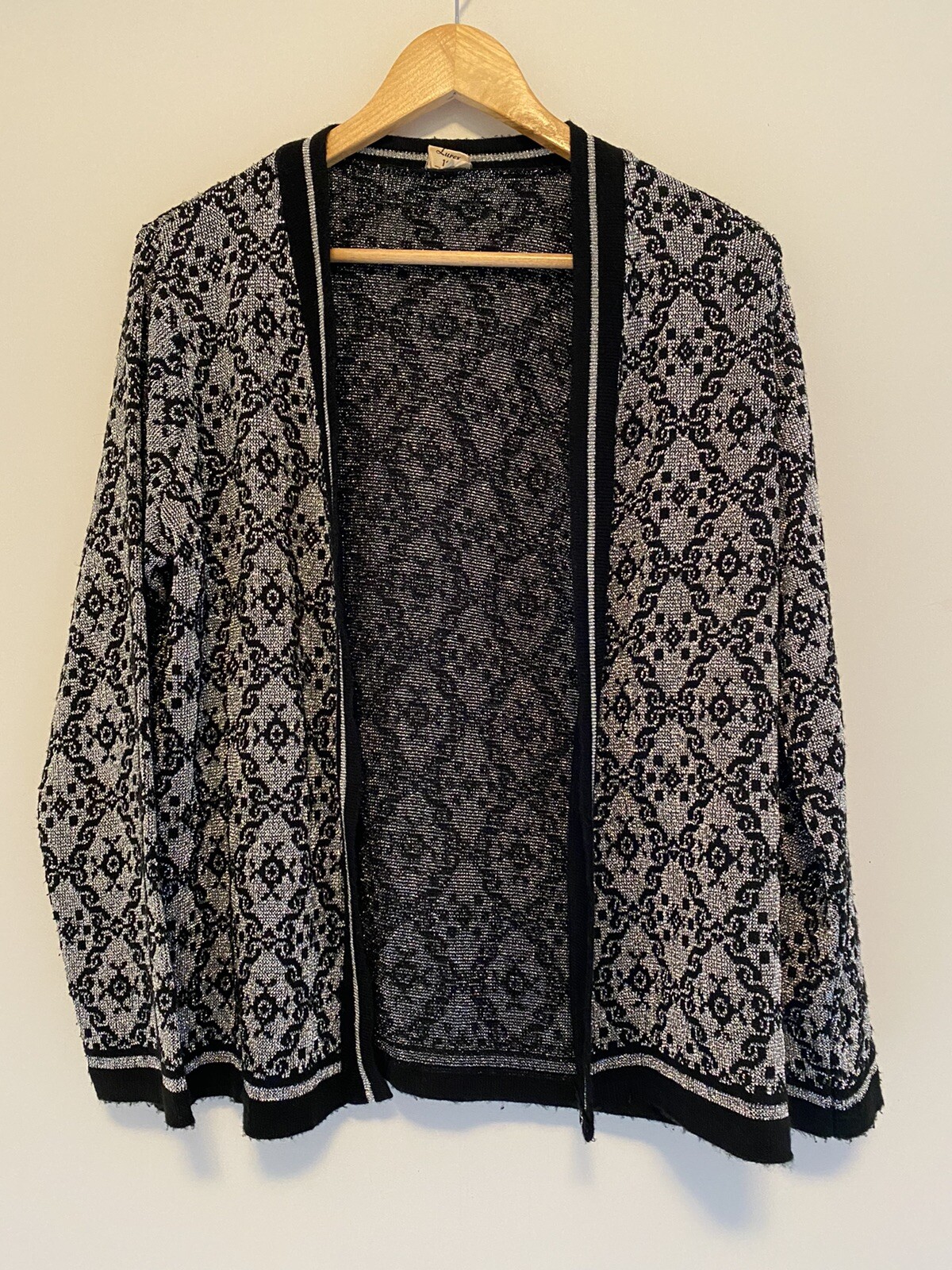 Vtg 1970s Size S Acrylic Lurex Open Cardigan Metallic Jacquard Knit Silver Black
