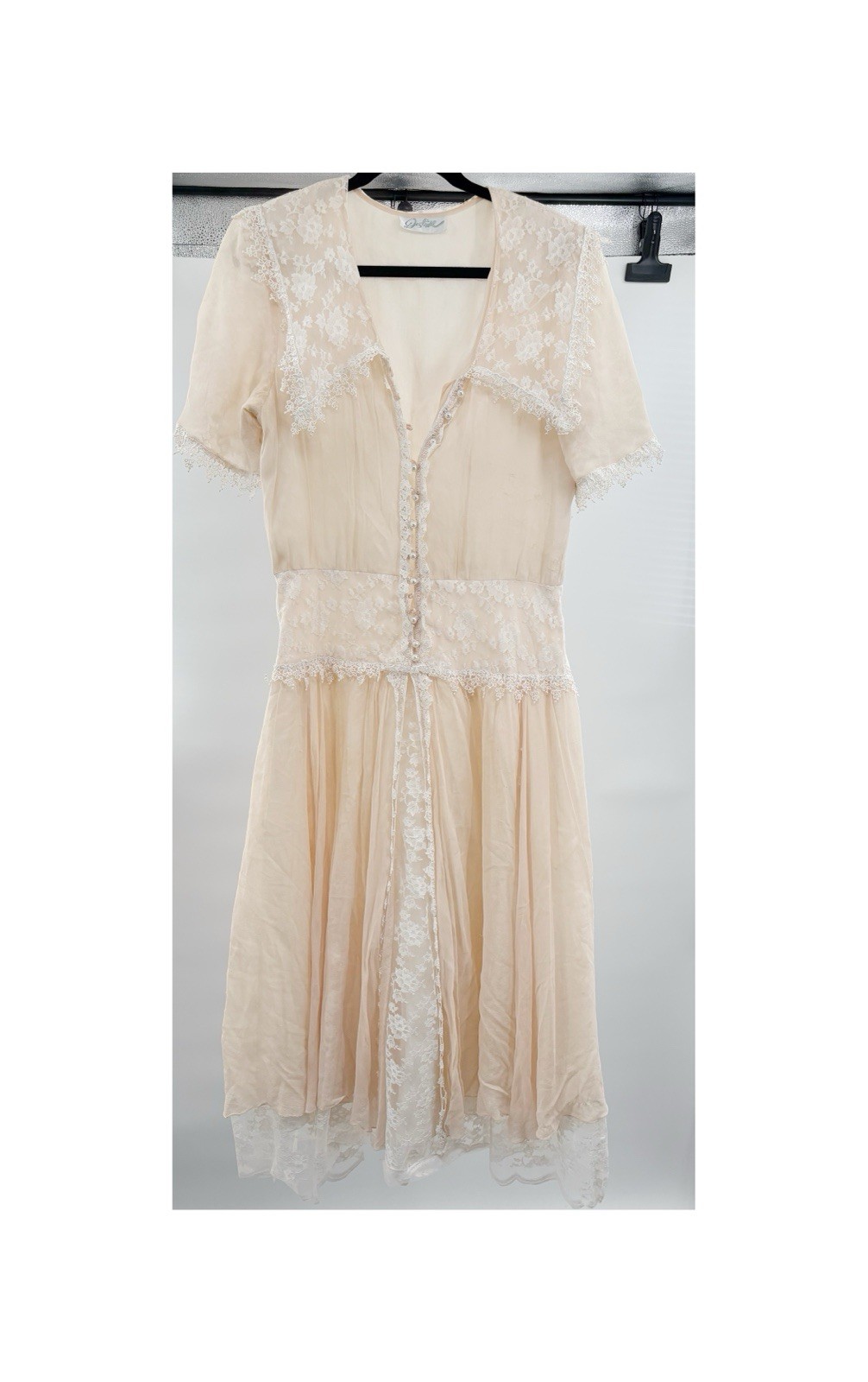 Vintage Ivory Lace Chiffon Midi Dress Romantic Cottagecore Prairie Boho Women’s