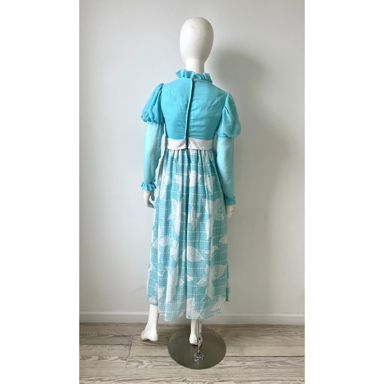 1970s Jumpsuit / 70s Blue Leg of Mutton Sleeve Wide Leg Jumpsuit / Extra Small