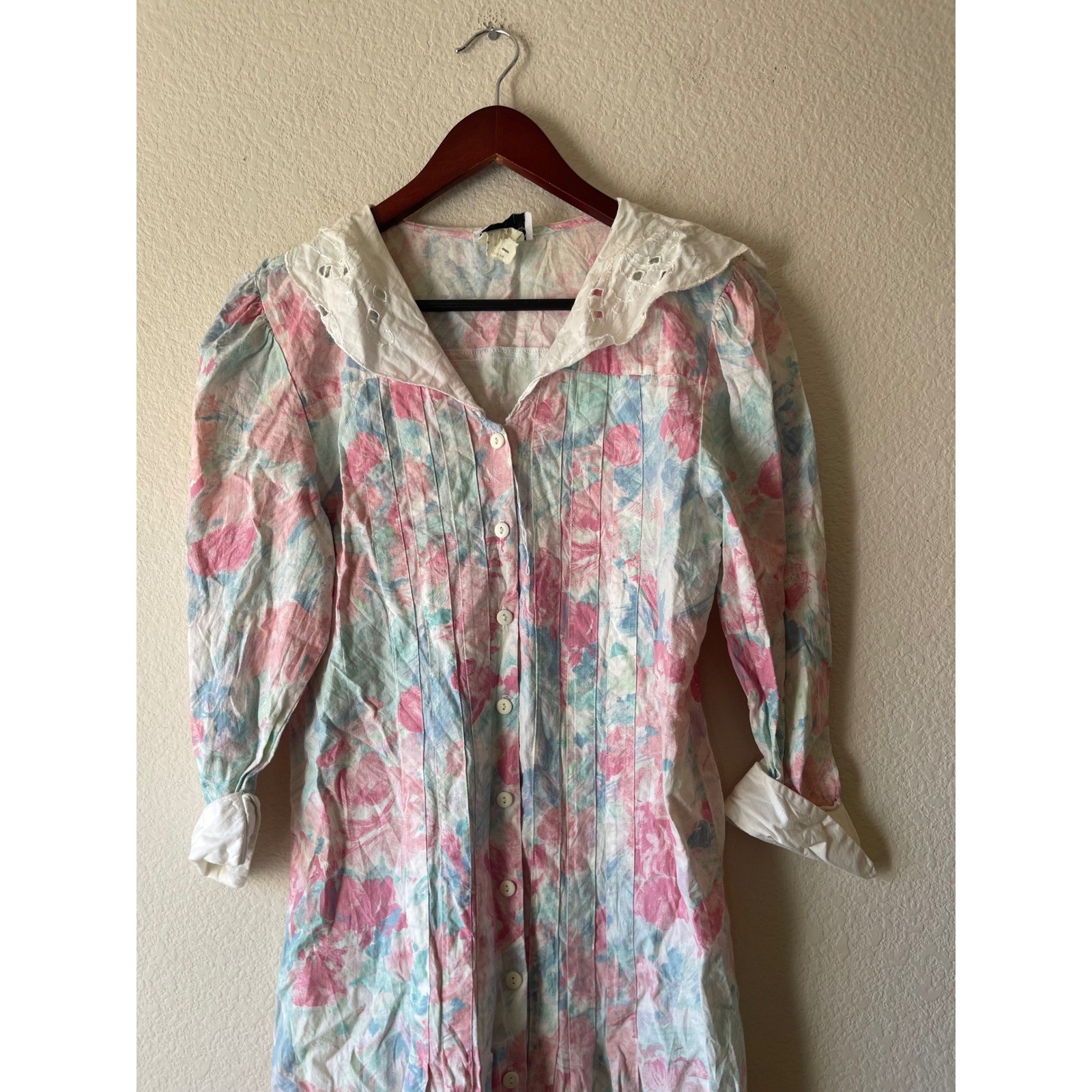 Vintage Floral Midi Dress Pastel Eyelet Collar Cotton cottagecore small
