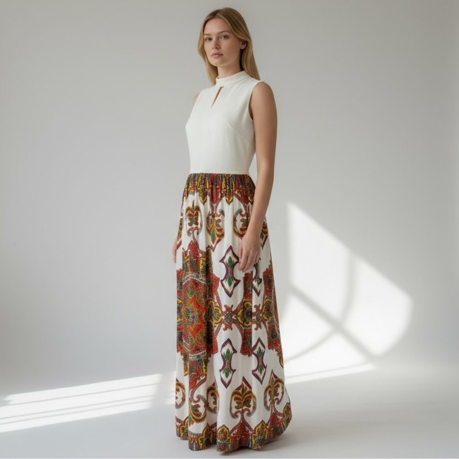 Vintage Mod Maxi Dress White Top Multicolor Paisley Skirt Sleeveless 70s Hippy