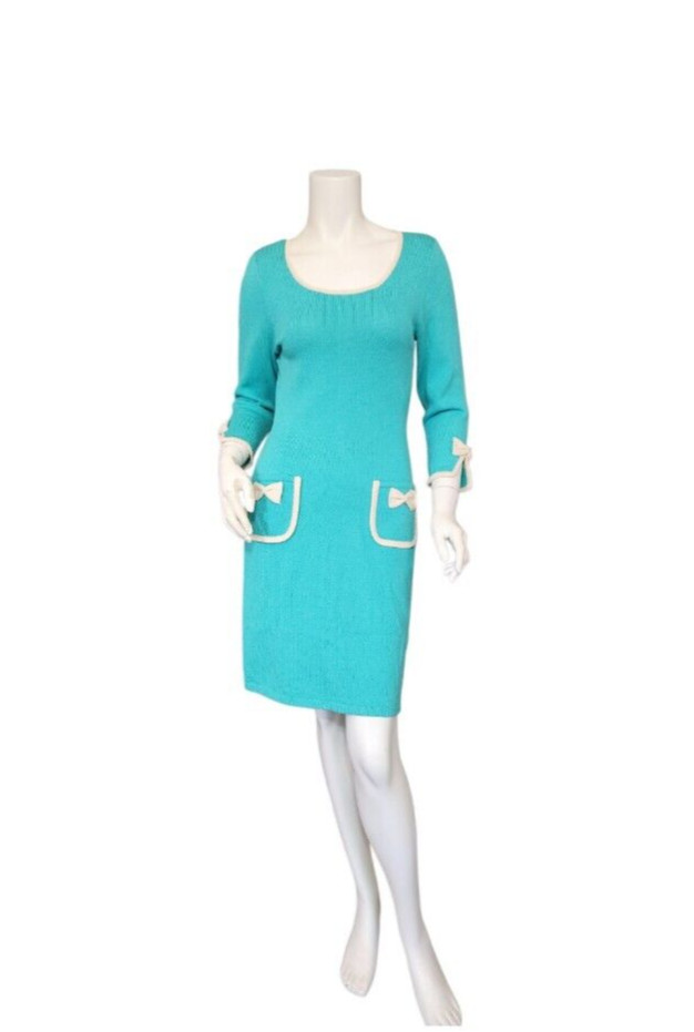 Vtg Jennifer Roberts Aqua Blue Bracelet Sleeve Knit Dress Ivory Bows Sz 6