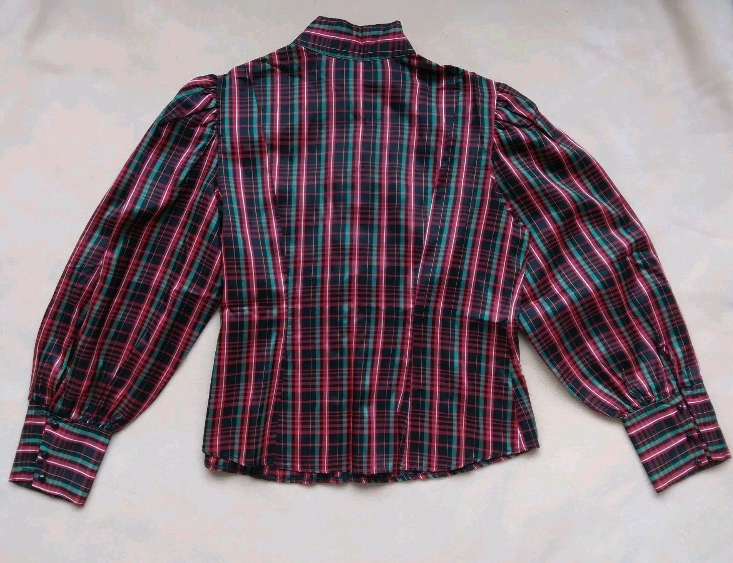 Vintage 1980s Plaid Blouse w/ Balloon Sleeves Black Red & Green Sz 12 Button Up