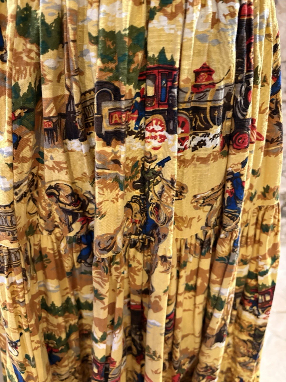 Vintage Sharon Young Sportswear Yellow Western Print Broomstick Skirt Size S/M