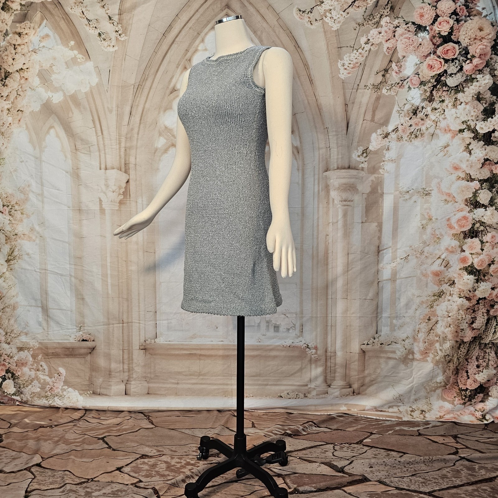 Vintage 1960’s Dress Minidress Silver Gray Metallic Knit Sleeveless Retro Disco