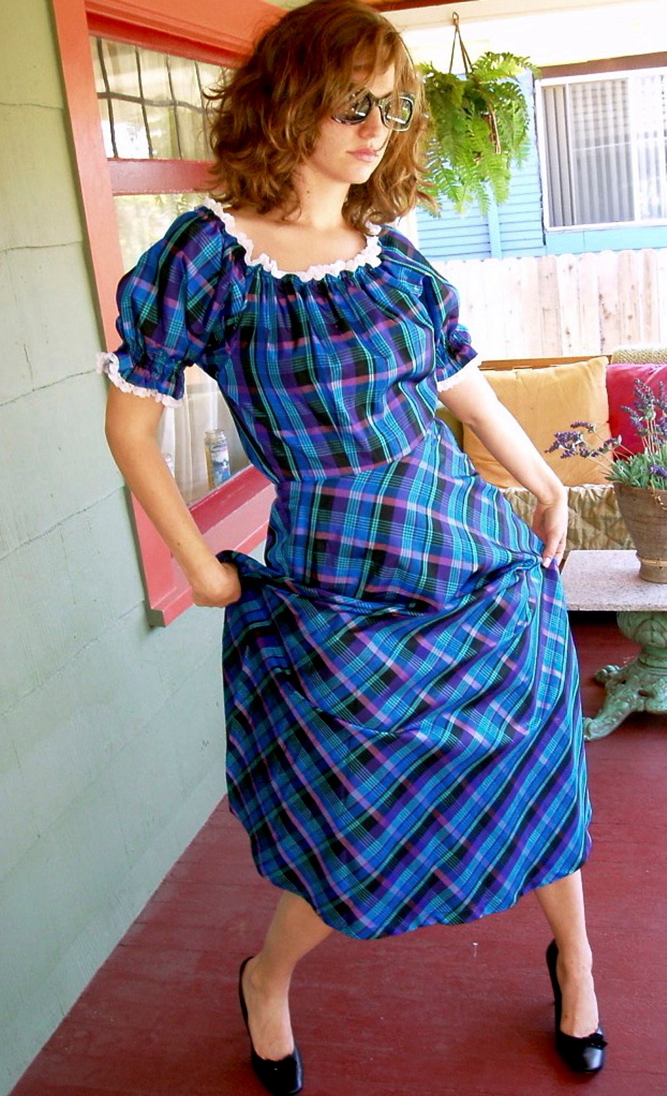 VTG 80s Steam Punk Victorian Crisp Satin Taffeta Plaid Puff SLV Swing Dress M/8