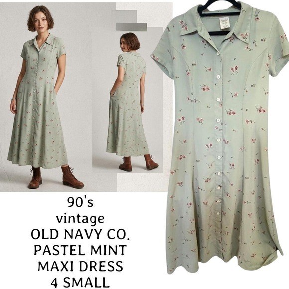 90’s vintage OLD NAVY PASTEL MINT GREEN FLORAL MAXI DRESS 4 SMALL