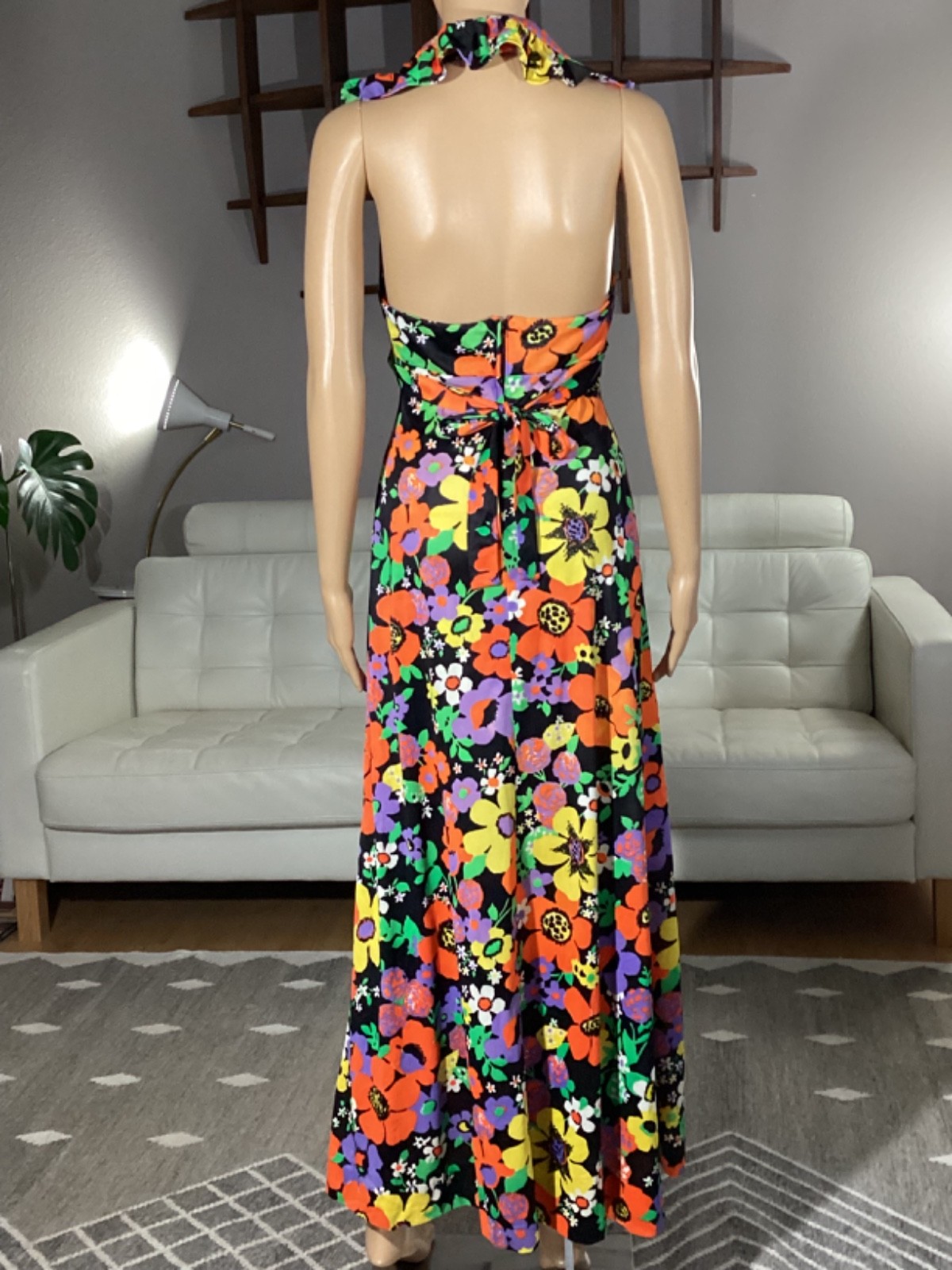 Vintage 70’s Joseph Magnin Bright Floral Flower Power Ruffle Halter Maxi Dress