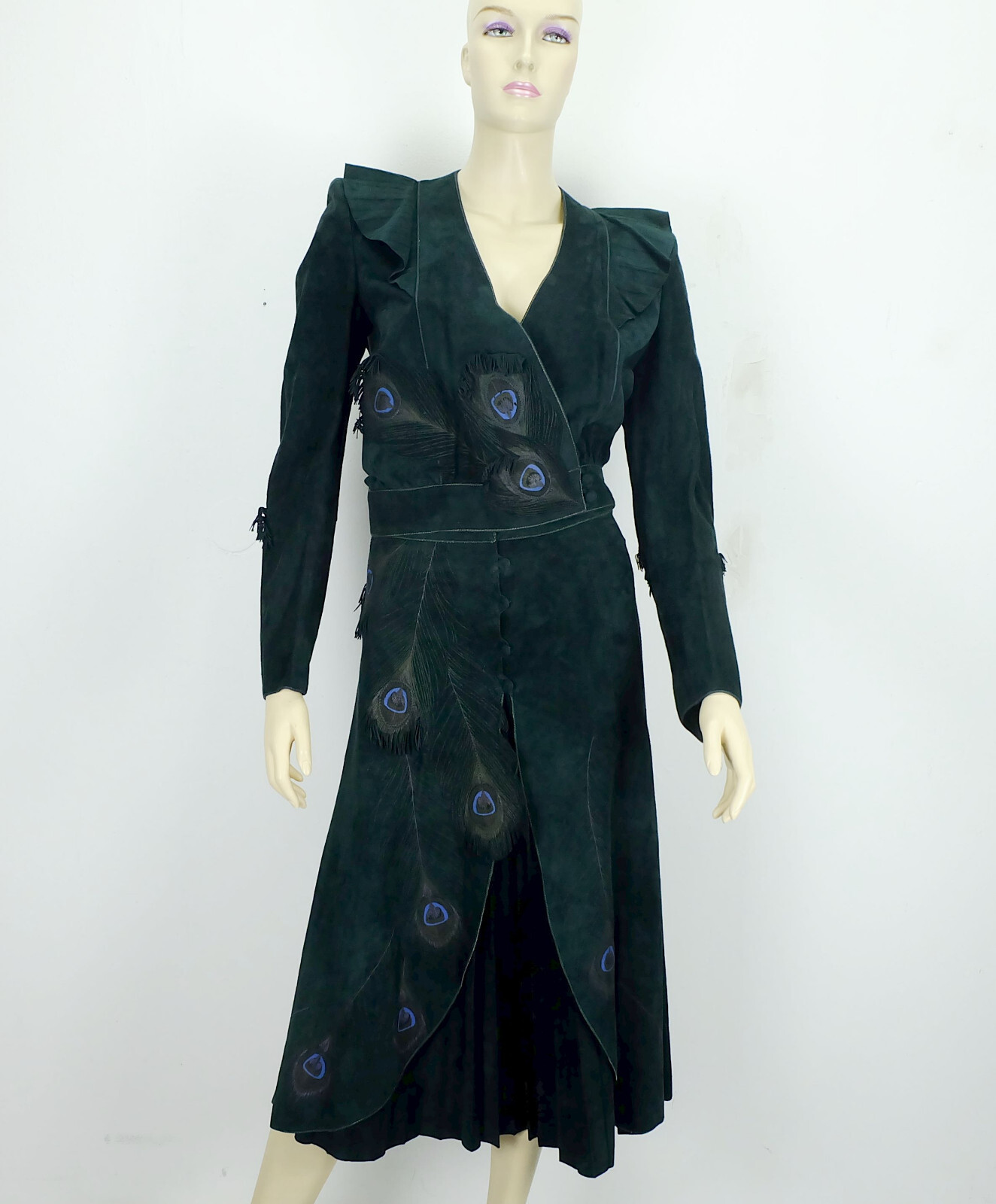 2pc DRESS costume roberto cavalli designer vintage 70s 80s suede green 36