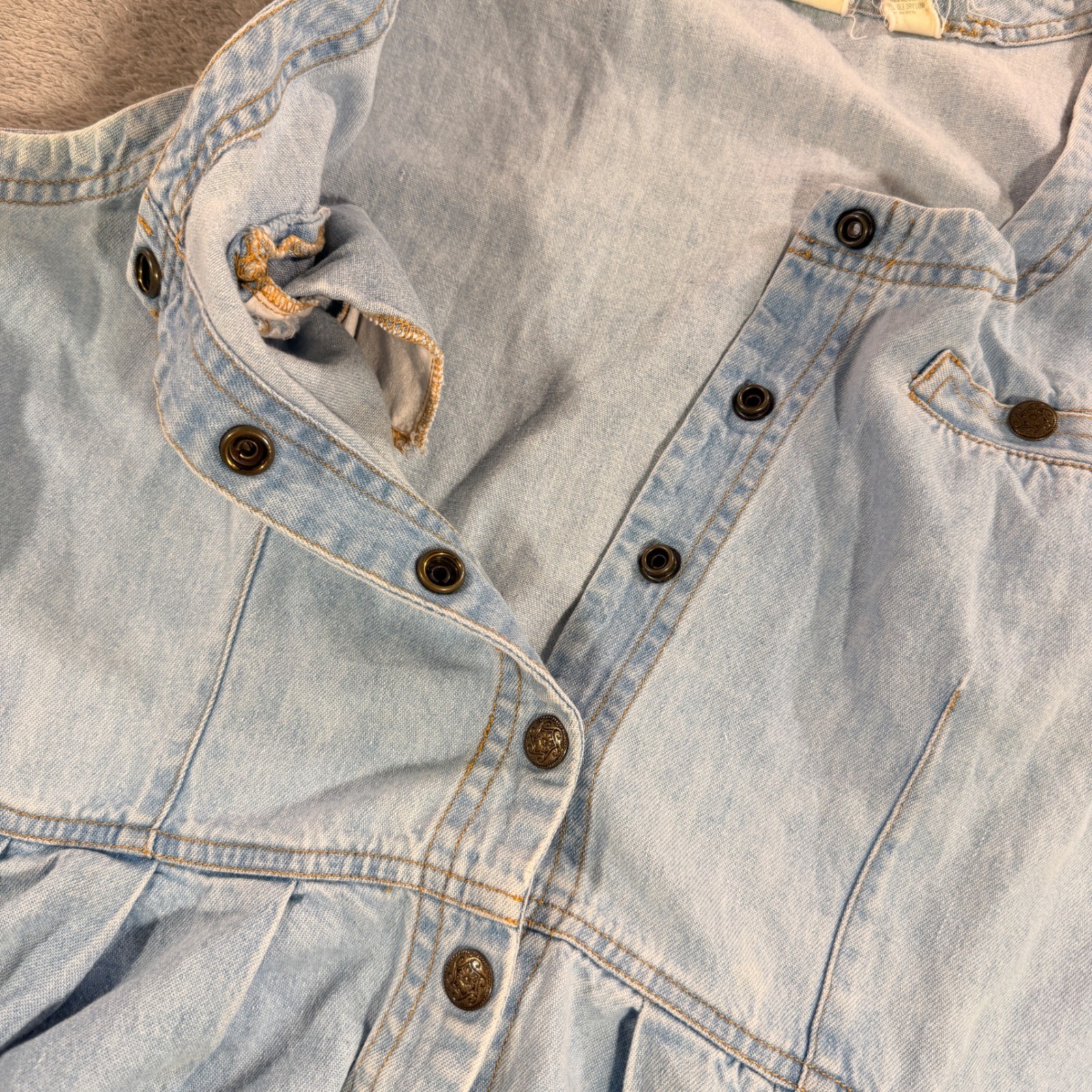 Erika Taylor Denim Dress Womens Medium Blue Vintage Cotton Snap Front Pinafore