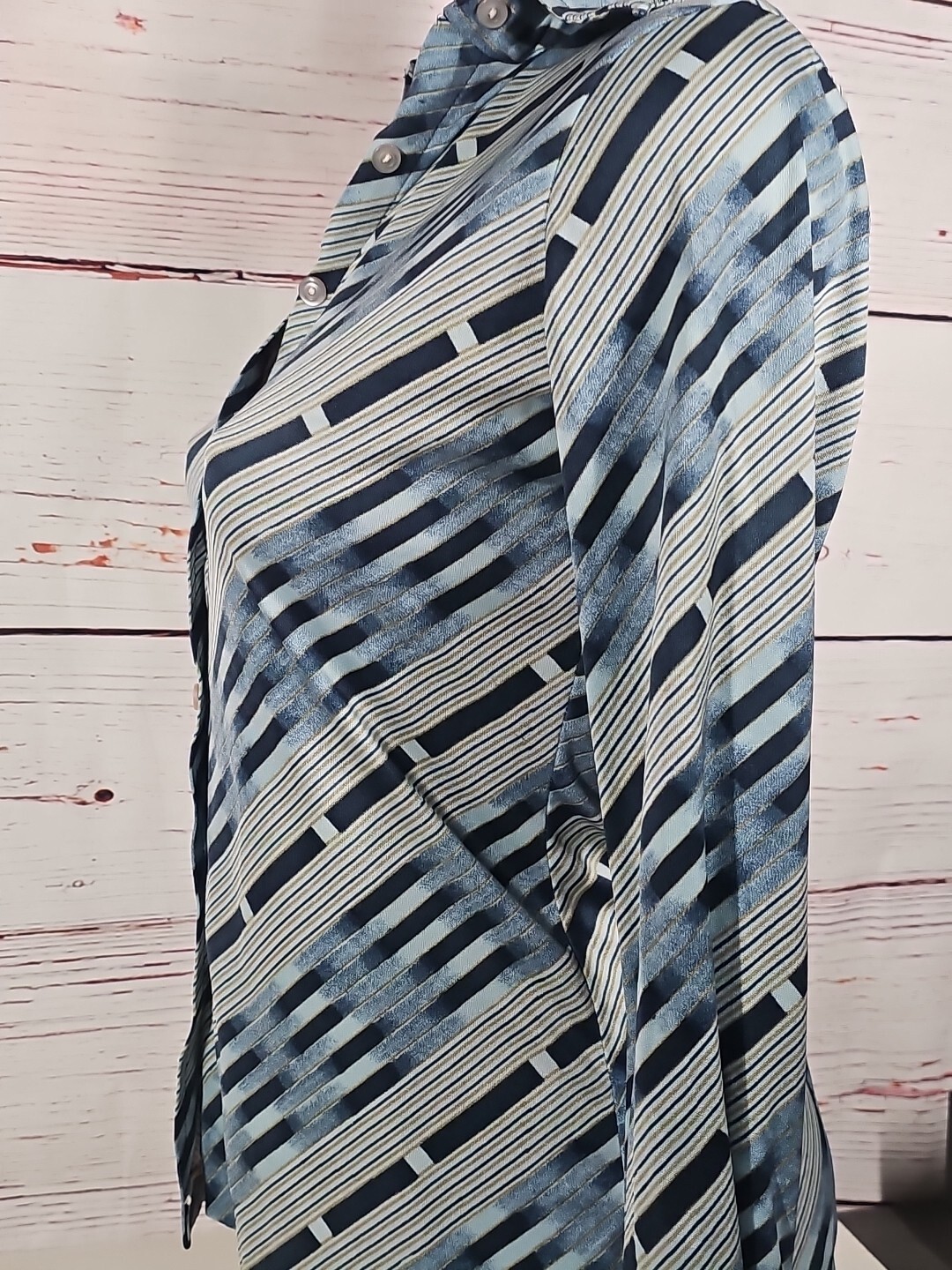 Vintage Organically Grown Oh Gee! Arpeja Button Front Shirt Blue Gold Stripes M