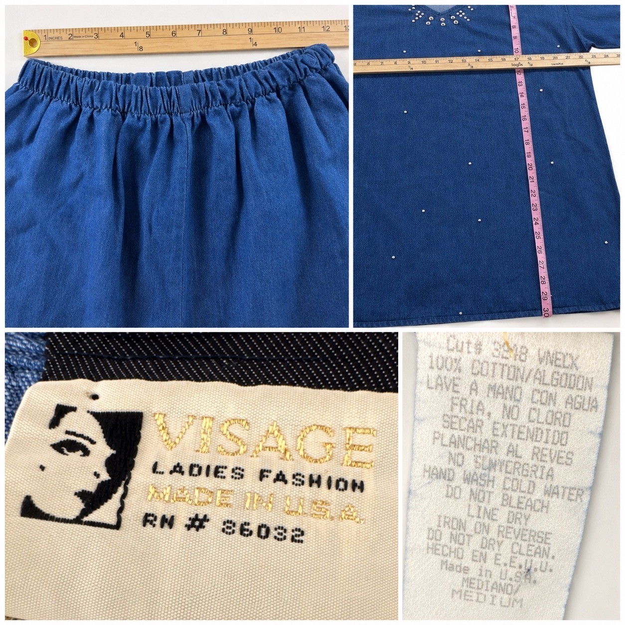 Vintage Visage USA Denim Look Studded Top Pants Set 90s Cotton Medium