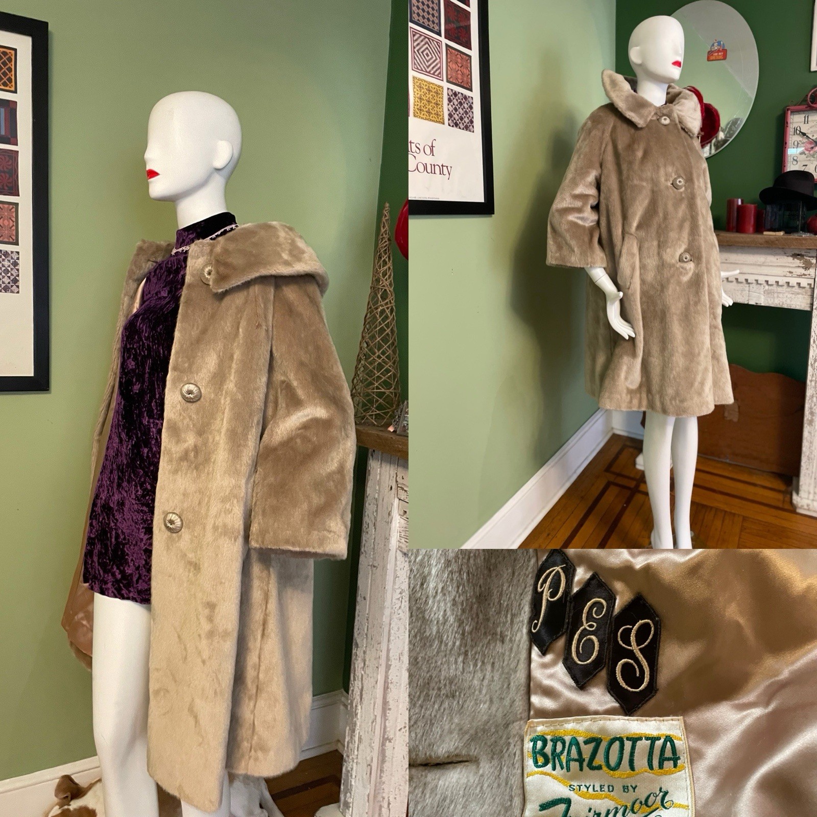 Vintage MCM Brazotta Faux Fur Golden Brown Swing Velvety Coat 3/4 Slvs L X 48