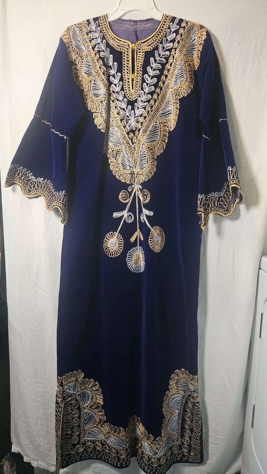 Exquisite Royal Blue Velvet Kaftan with Opulent Gold & Silver Embroidery