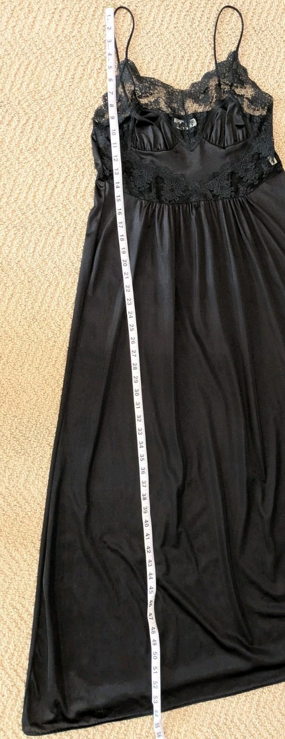 Vtg Rikki New York Silky Black Nylon Lace Maxi Gown Slip Neglige’ Sz M