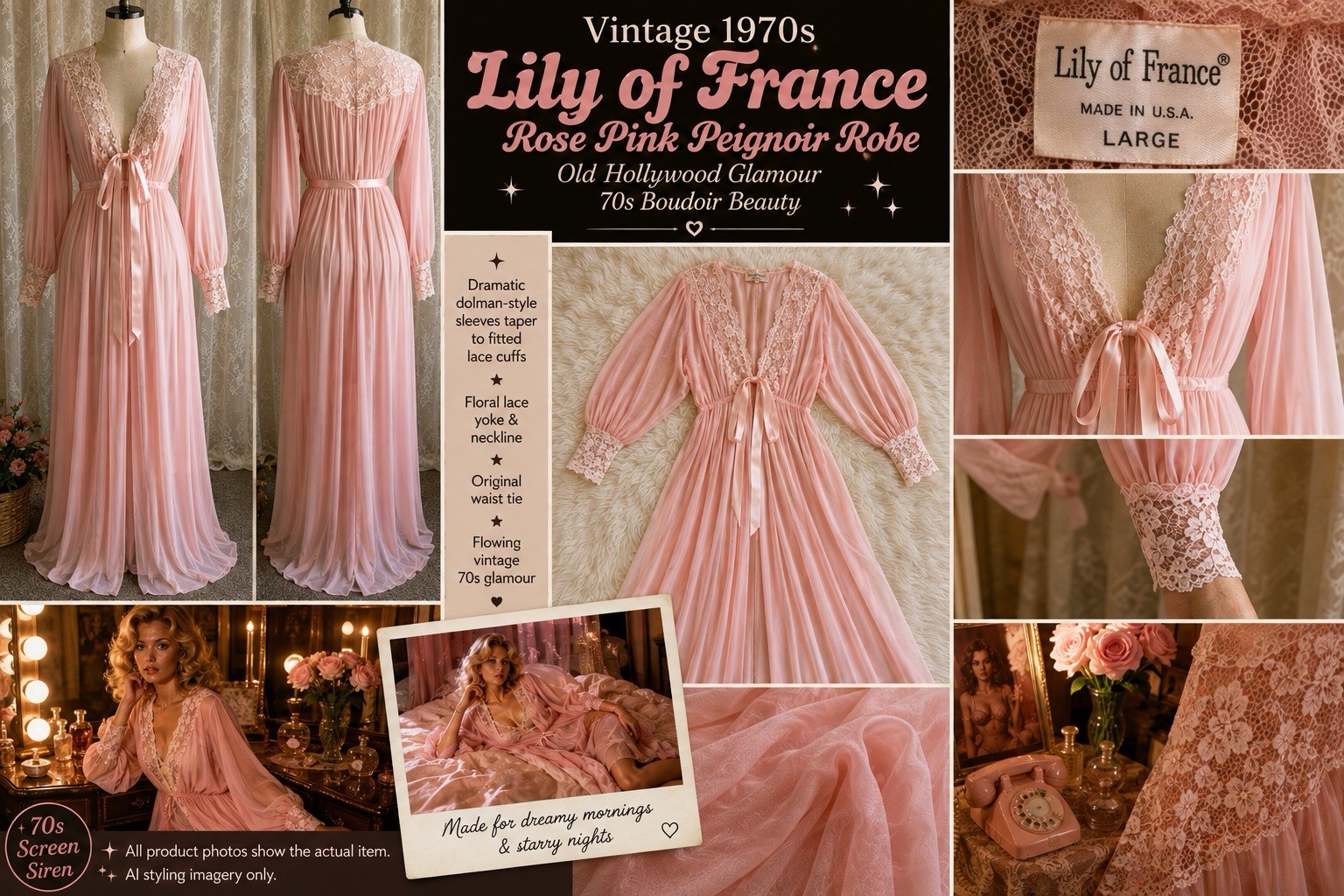 VTG 70s Lily of France Rose Pink Peignoir Robe Lace Dolman Sleeve L Lingerie EUC