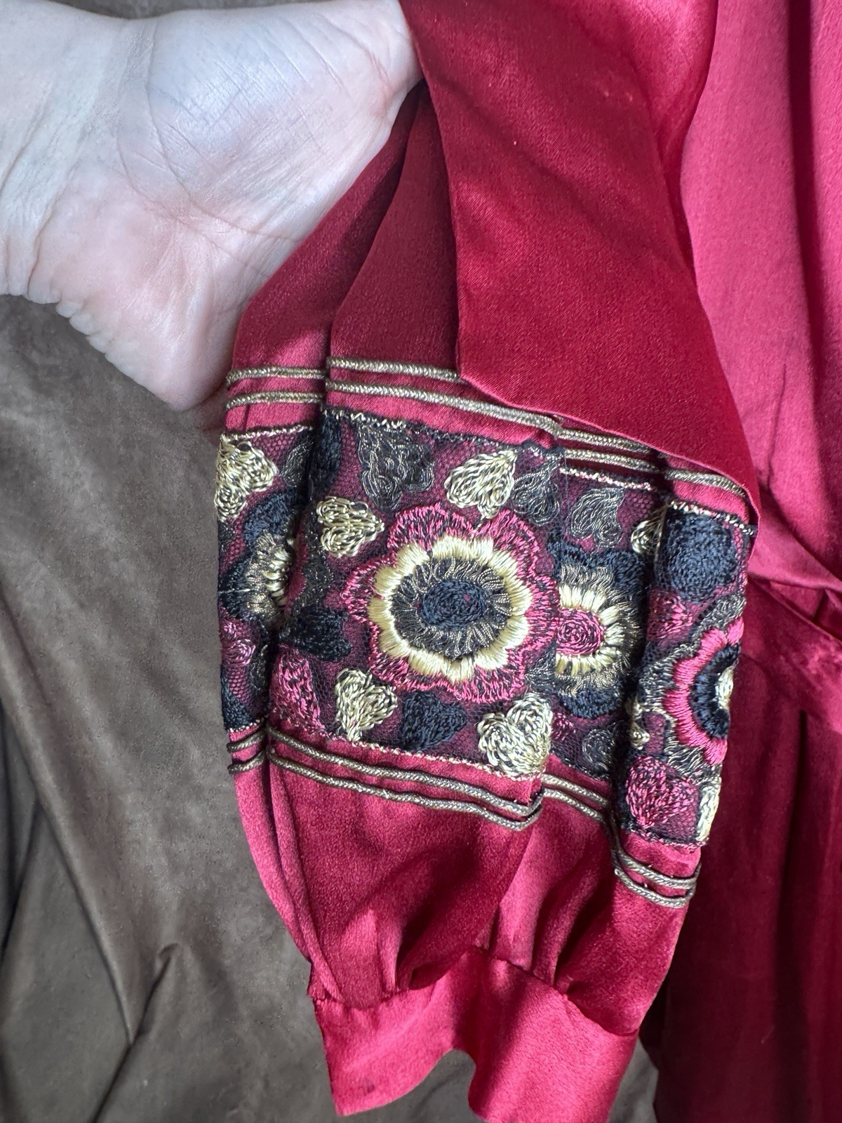 Antique 1910s 1920s Red Satin Dress Embroidered Trim Enamel Buckles Drop Waist