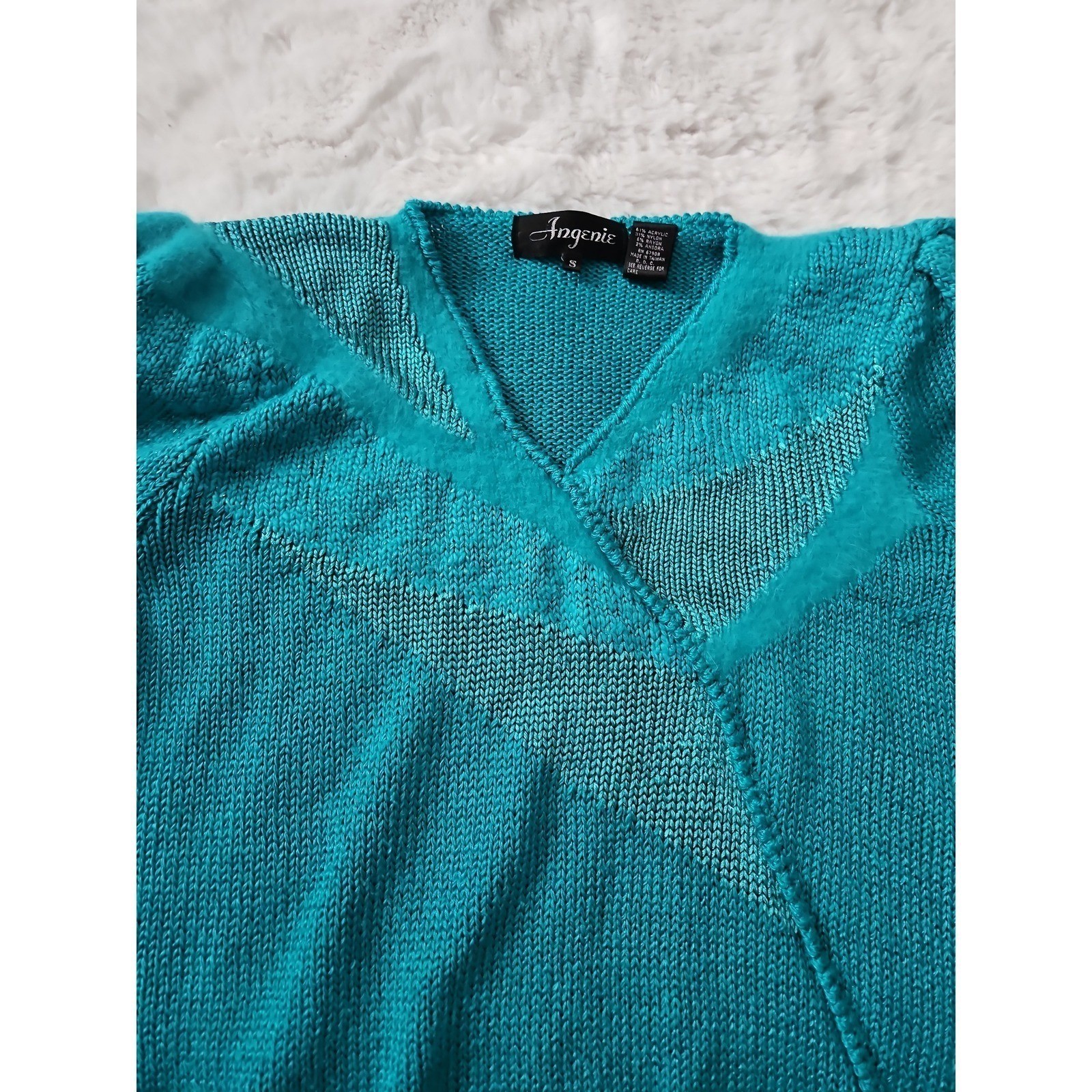 Angenie Sweater Women Small Teal Blue Excellent Vintage 80s V-Neck Angora Blend