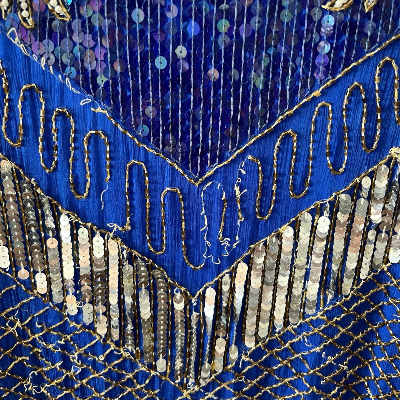 Vintage 80’s Chanson D’Amour Womens Flapper Dress 100% Silk Sequin Beaded Blue