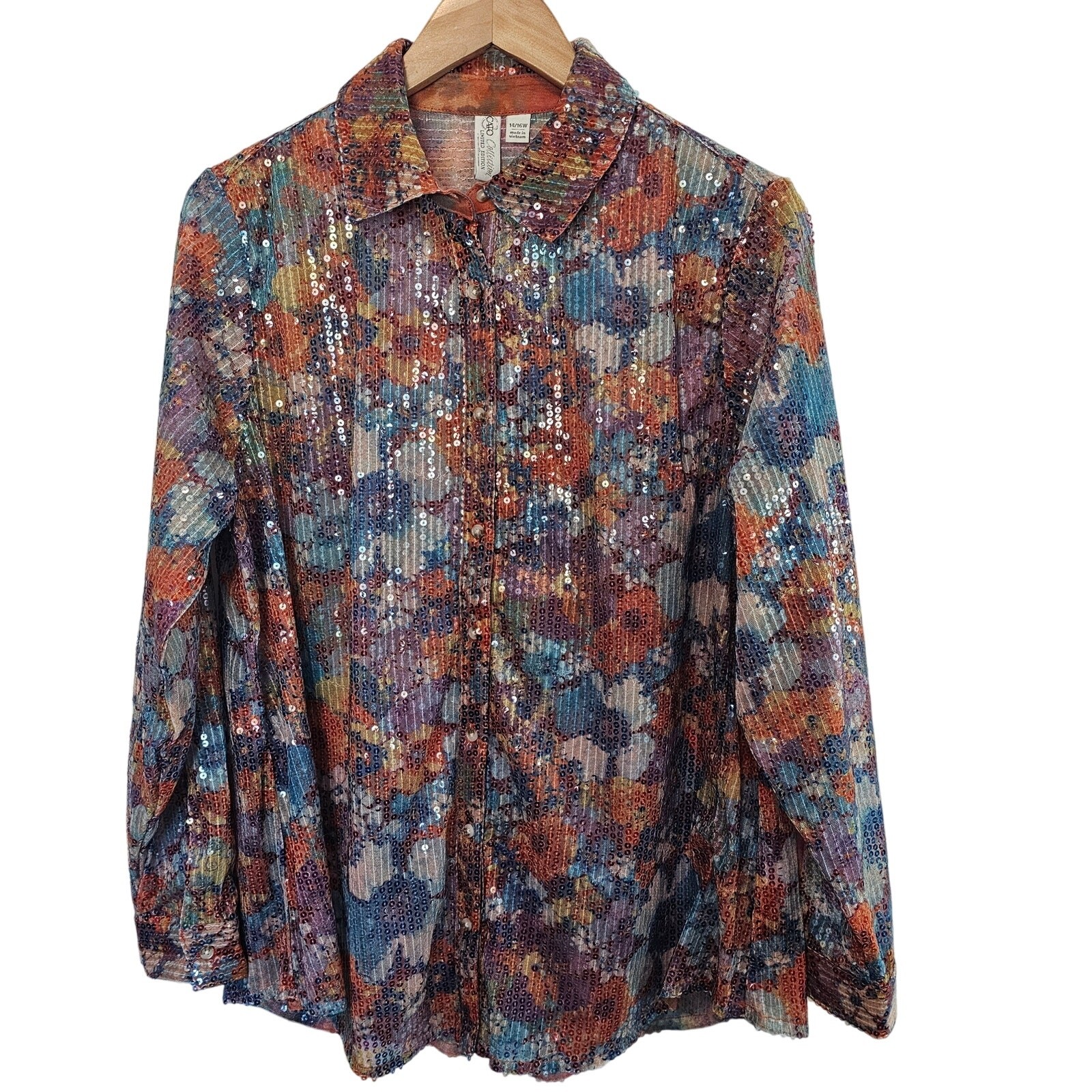 Cato Collections Blouse Women XL Blue Floral Sequins Indie Whimsygoth Fairy Boho