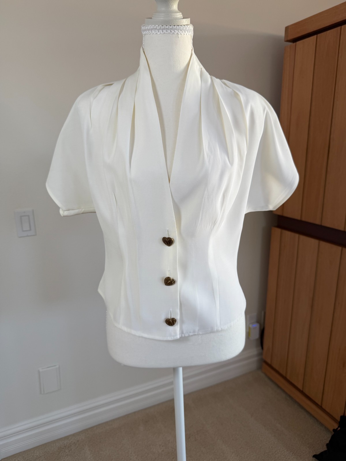 Vintage 90s Anxiety Pleated Shawl Collar Blouse Gold Heart Buttons