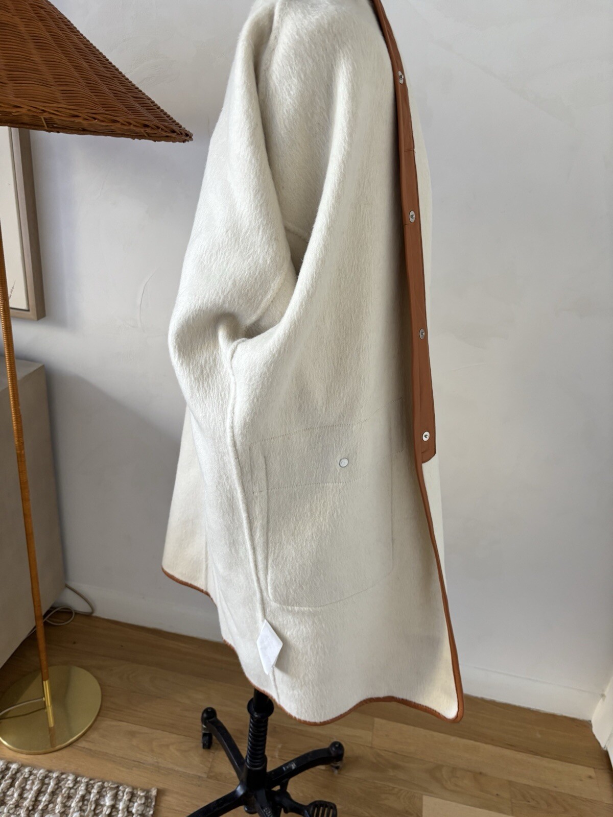 Unique Cream Coat Wool Silk Rabbit Hair With Leather Trip And Removable Scarf