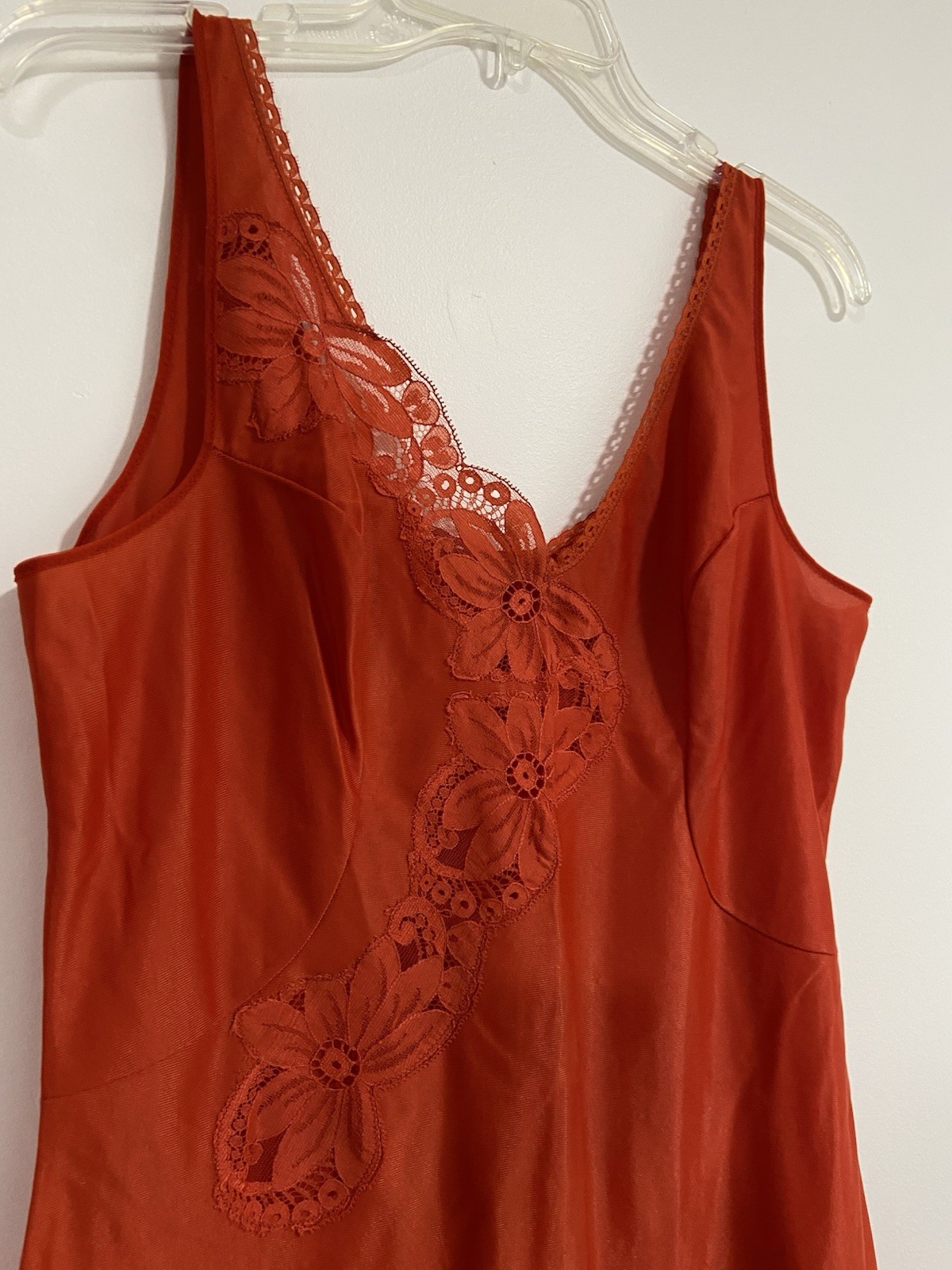 Vintage Lipstick Red Full Slip Lace Trim Lingerie Dress Unlabeled Size Small